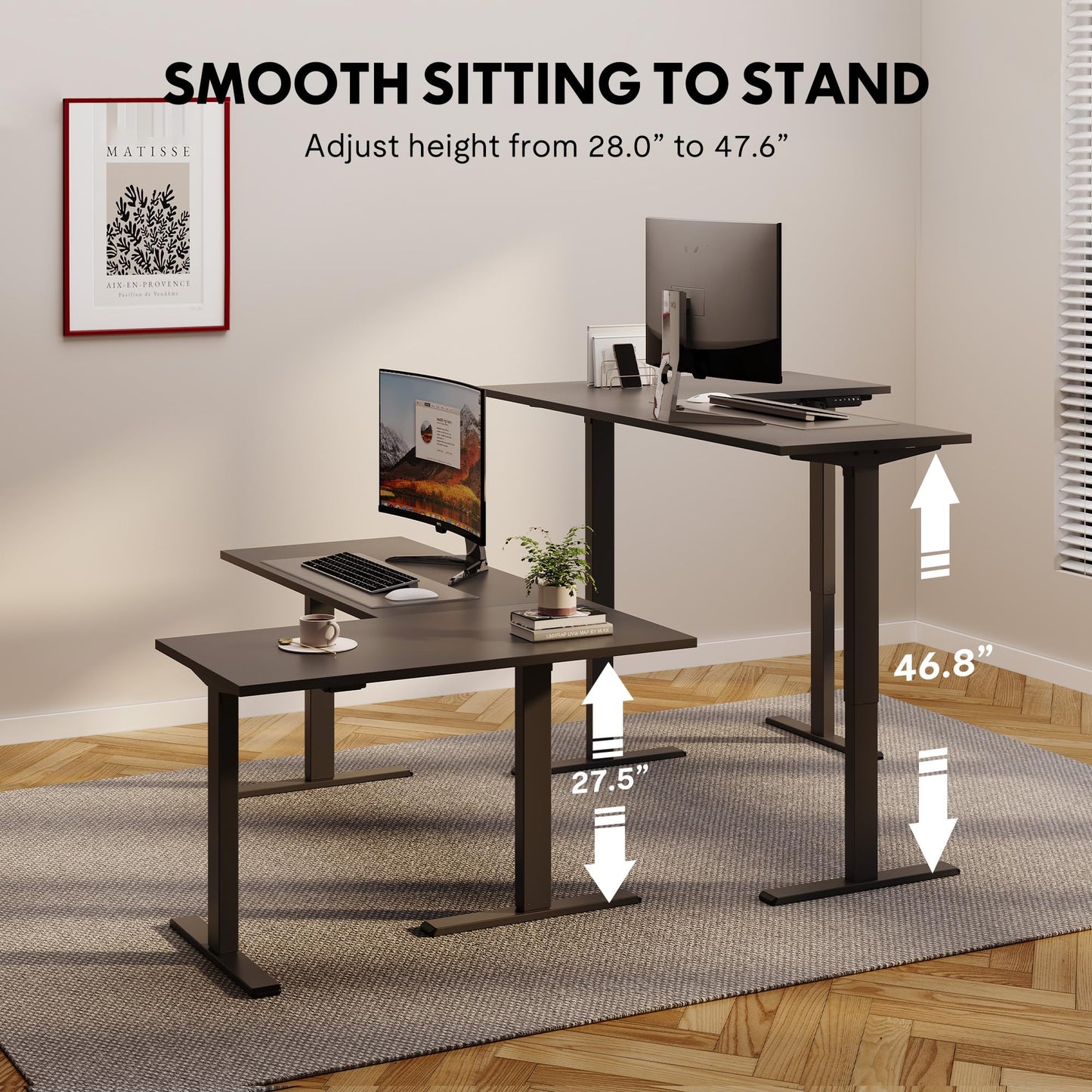 SANODESK Electric Height Adjustable 3-Leg L Shaped Standing Desk Frame, Support up to 220lbs, Sit Stand Ergonomic L Desk Frame Only, Black