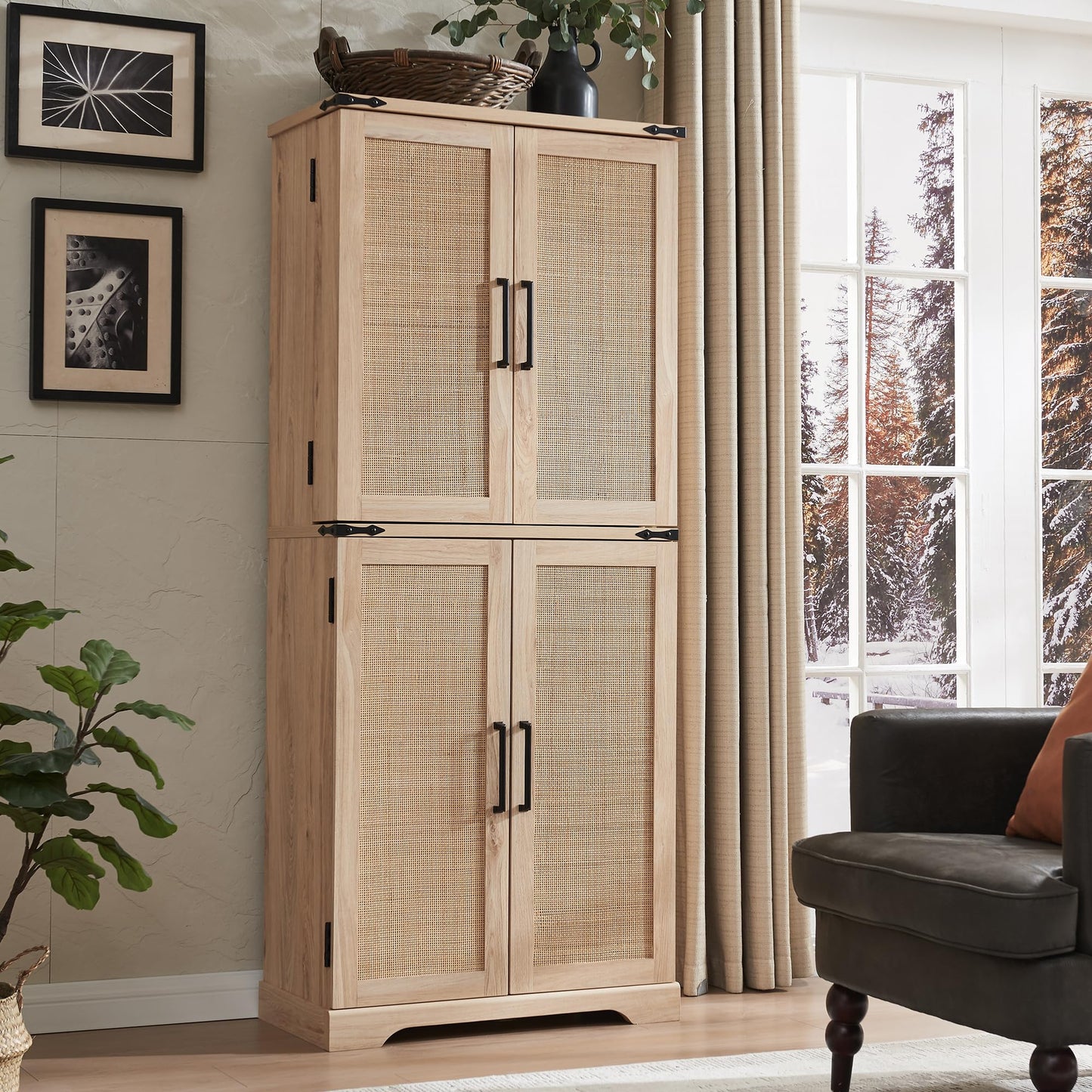 ACCOHOHO 72" Tall Kitchen Pantry with Natural Rattan Doors, Storage Cabinet with Organizer, Drawer and Adjustable Shelves, Wicker Cupboard for Kitchen, Dining Room, and Hallway, Natural Oak