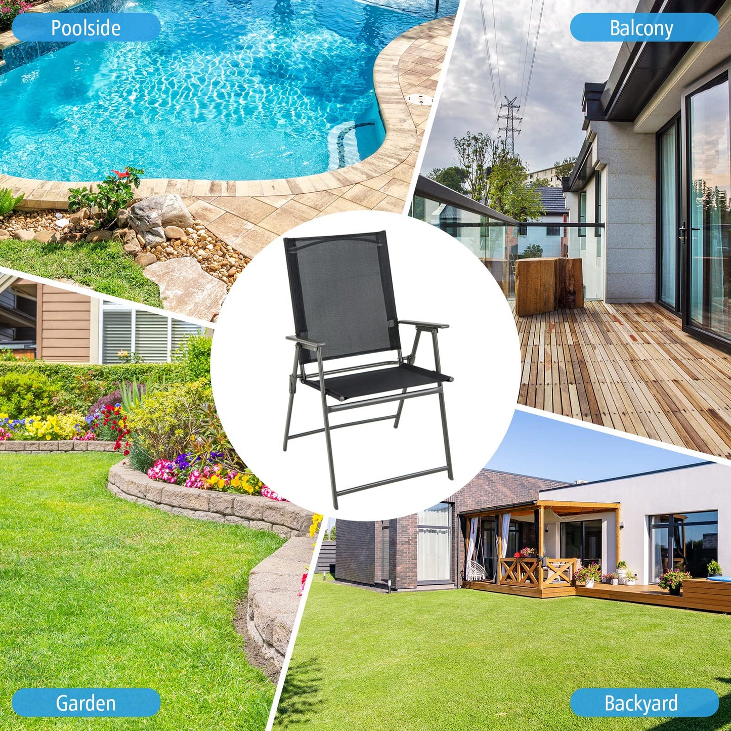 Tangkula Set of 4 Patio Folding Chairs, High Back Dining Chairs with Weather-Resistant Fabric, No Assembly, Outdoor Portable Metal Lawn Chairs with Armrests & Footrest for Garden