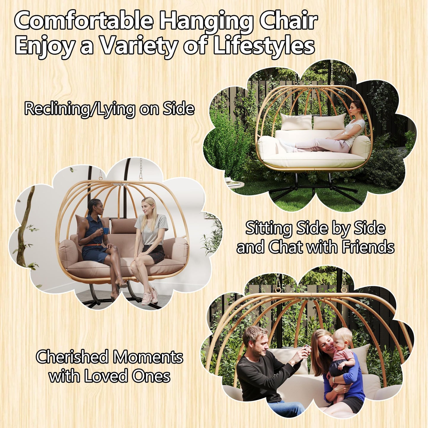 DAYARUS Hanging Chairs with Stand, All Weather Egg Chair Outdoor, Double Outdoor Egg Swing Chairs, 2 Person Patio Swing Chairs, Modern Egg Swing with Cushions, Metal Balcony Basket Loveseat, Beige