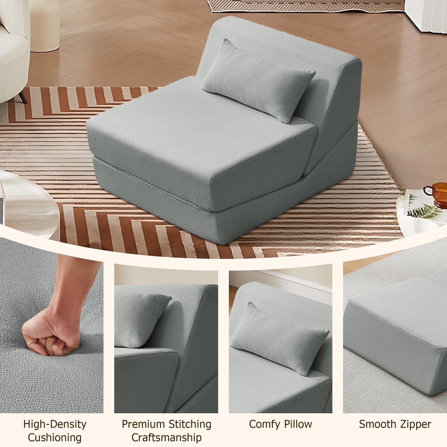 BAMOOLI Sleeper Sofa Bed, Convertible Fold Out Couch, Comfy Alpaca Wool Fabric Portable Foldable Floor Mattress Sleeper Chair with Pillow, Foldable Floor Sofa Lounge for Living Room, Bedroom, Grey