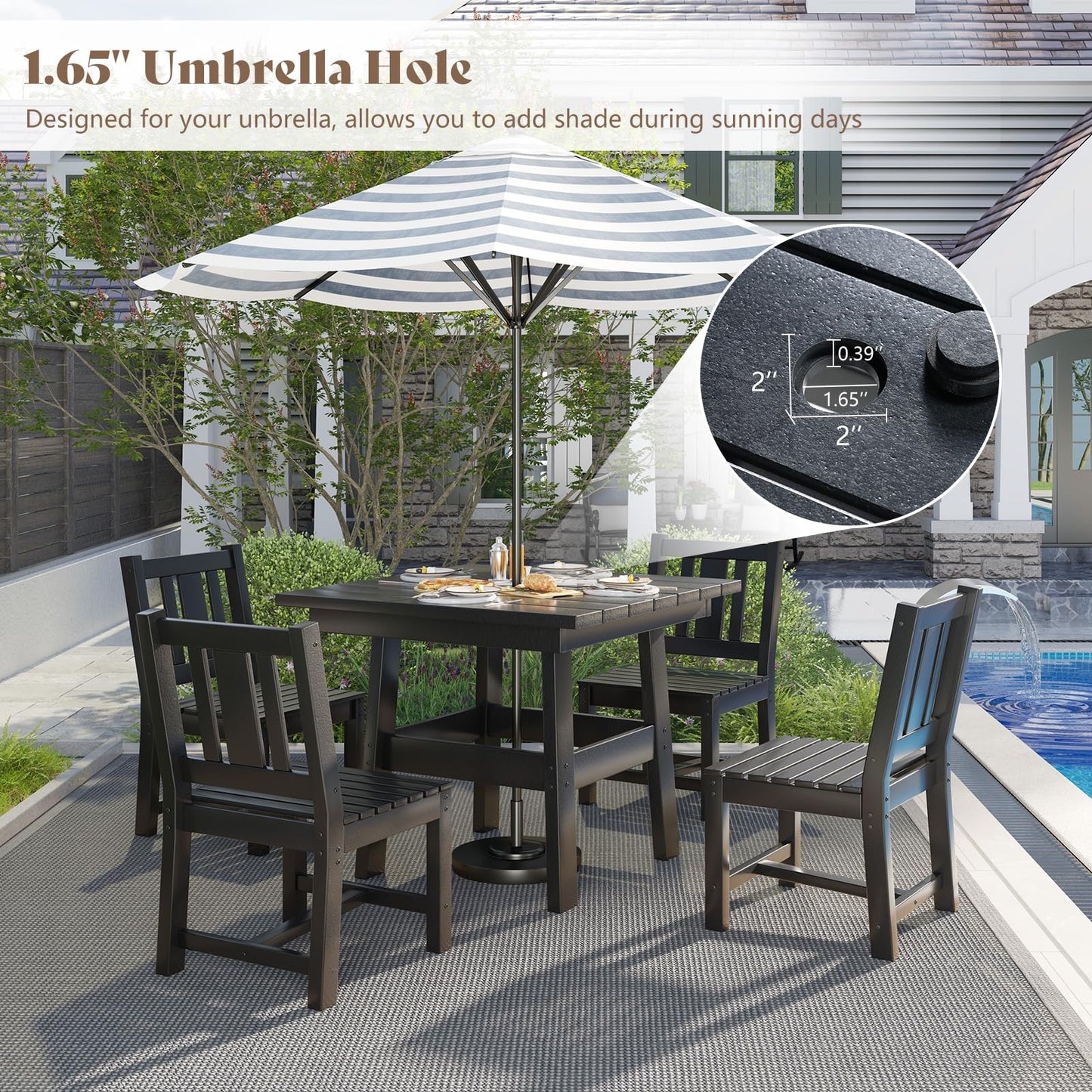 AMERLIFE 5 PCS Outdoor Dining Set with 4 Chairs, 36.8'' HDPE Outdoor Table and Chairs, Patio Dining Table Set with Umbrella Hole for Garden, Backyard and Poolside, Black