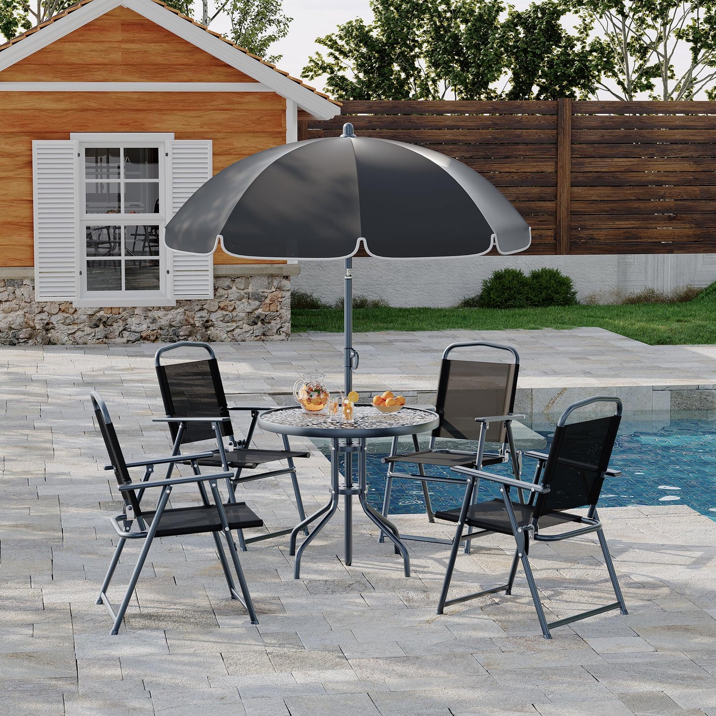 Patio Dining Set for 4 With Umbrella, Outdoor Furniture Set With 4 Folding Dining Chairs, Outdoor Table Umbrella Set With Tempered Glass Top Dinings Table
