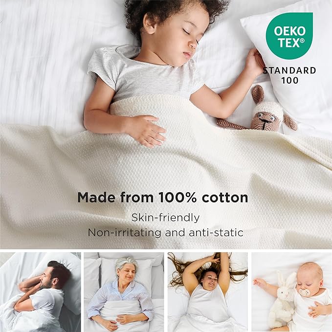 Bedsure 100% Cotton Blanket Queen Size for Bed - Breathable and Lightweight, Soft Cozy Textured Herringbone Woven Blanket for Summer Spring, Ivory, 90x90 inches