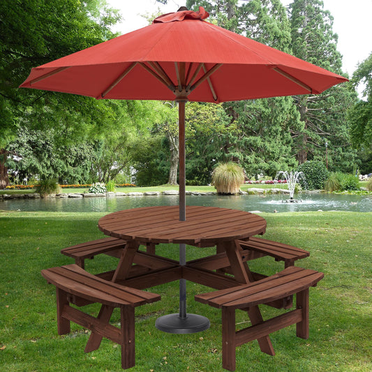 DOPERFE 8-Person Outdoor Round Wooden Picnic Table with 4 Built-in Benches, Outdoor Dining Set with Umbrella Holes, 2220 lb. Weight Capacity for Garden, Lawn, Patio (Brown, 70.07"*70.07"*27.55")