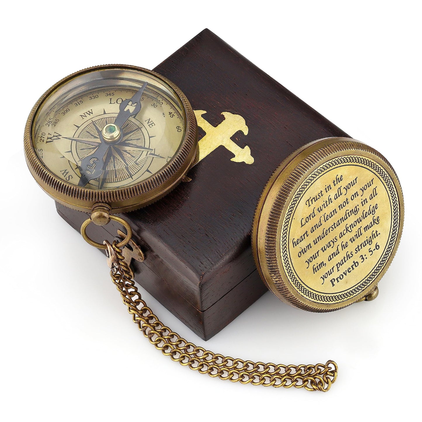 God is My Guide Brass Compass Gift with Display Box - Engraved Scripture Prayer Compass Religious Gift for Men & Women - Baptism, Confirmation, Communion Compass for Boys Graduation Gift (Aged Brass)