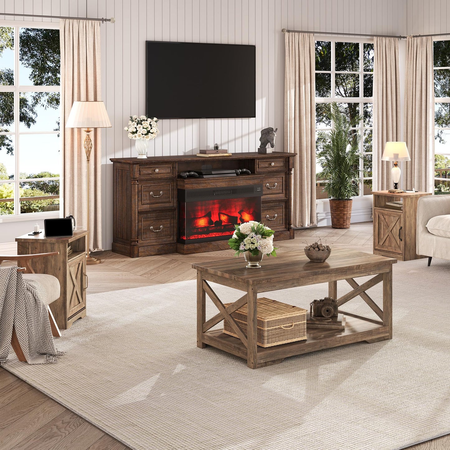 LUXOAK 3-Piece Farmhouse Living Room Table Sets, Includes 1 x Coffee Table, 2 x End Tables with Charging Station & USB Ports, Rustic Coffee Table Set of 3, Barnwood