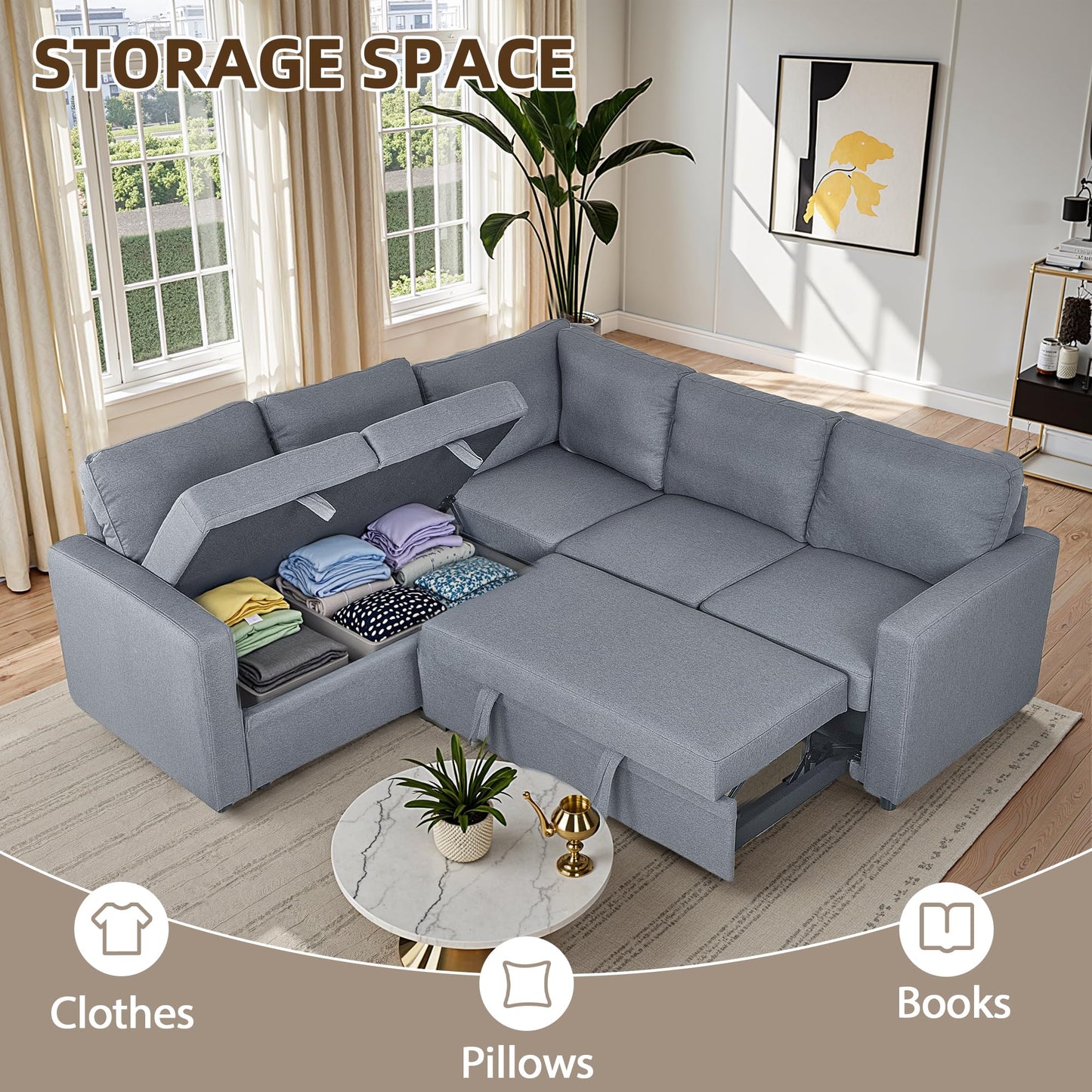 Trygoal Sleeper Sofa Couch with Pull Out Bed, L Shaped Couch Bed with Storage, Sectional Sleep Couches, Convertible Sleeper Sofa Beds W/Reversible Chaise&Back Cushion for Living Room, Grey