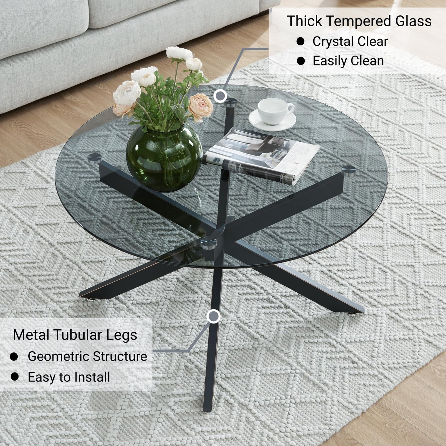 Round Glass Coffee Tables for Living Room, Home Office, Modern & Simple Center Table with Gray Tempered Glass Top, 35.5" Wx19.7 H Black