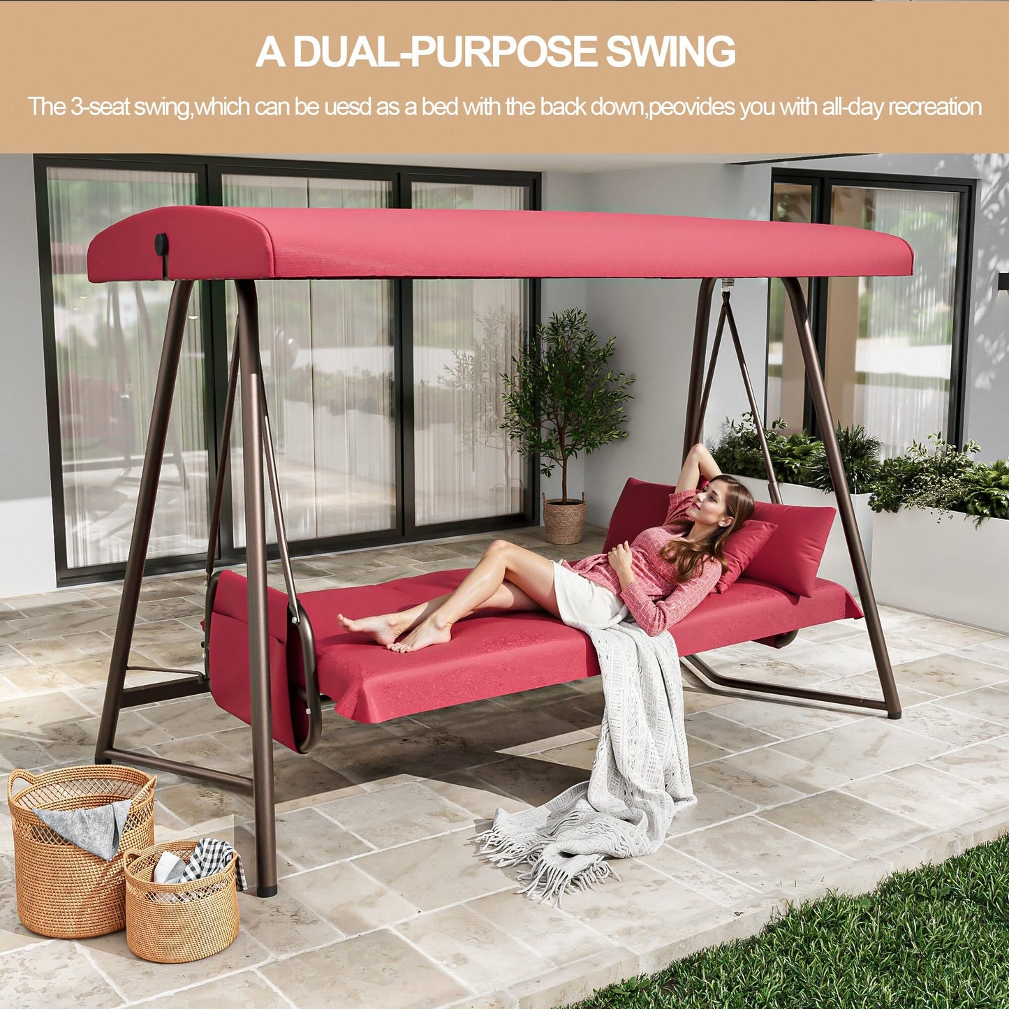 LUTINLIX 3-4 Person Oversized Outdoor Porch Swing with Adjustable Backrest Canopy,2-in-1 Swing Bed 800 lbs Capacity,Patio Swing with Removable Cushions for Yard Garden Poolside Balcony