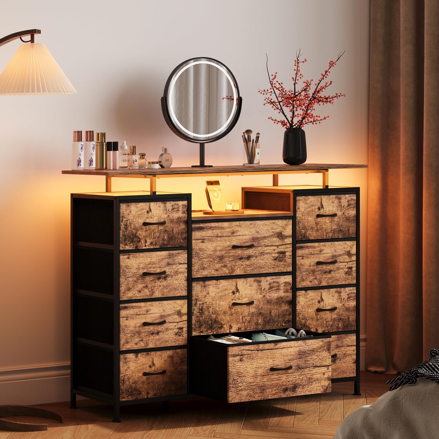 LUMTOK 11 Drawers Dresser with Fabric Drawers,Charging Station, LED Lights and Shelves for Bedroom Storage Organization (Brown)