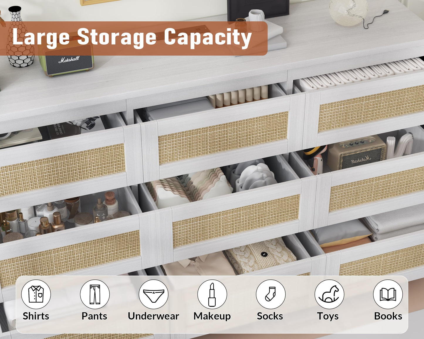 Hipicute Rattan Dresser for Bedroom, 9 Drawer Dresser with Charging Station, Farmhouse Wood Chest of Drawer with Strong Base, Storage Organizer for Living Room, Hallway, White