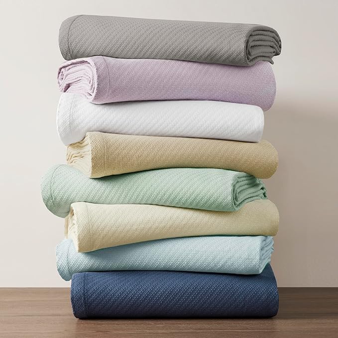 Madison Park Liquid Cotton Blanket Breathable, Softer Ring Spun Weave, Diamond Motif, Luxurious 100% Cotton All Seasons Lightweight Summer Blanket for Bed, Couch, Office, Navy, Twin