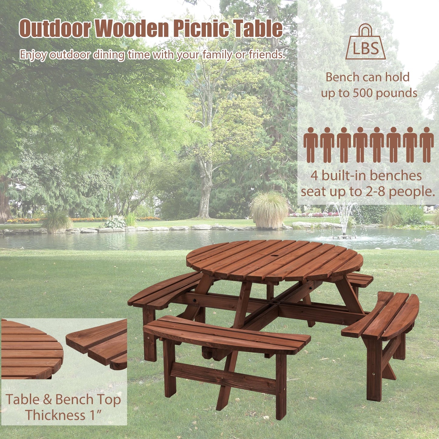 Becivy 8 Person Wooden Picnic Table Sets Outdoor Camping Dining Table with Seat Garden DIY w/ 4 Built-in Benches 2220lb Capacity - Brown