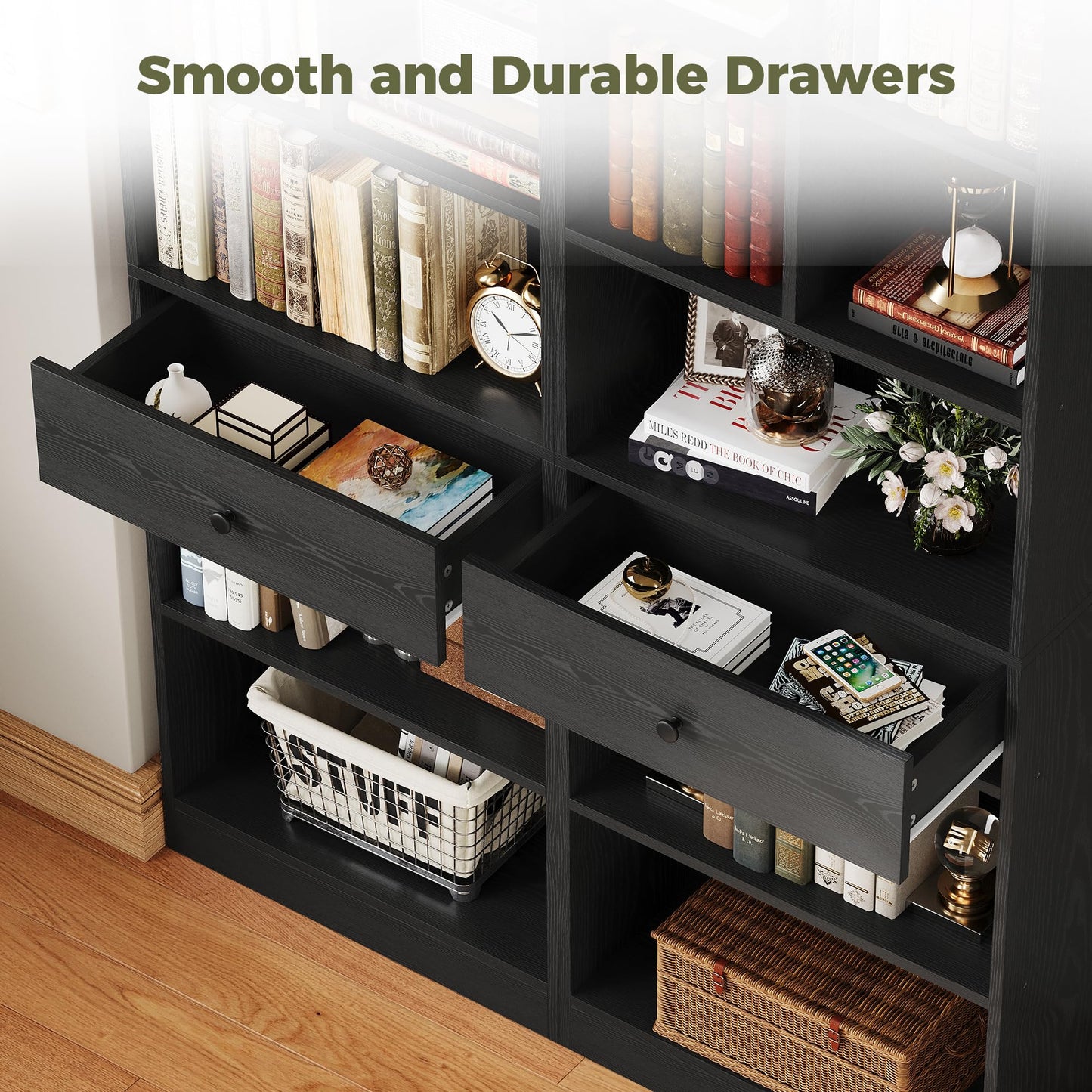 IRONCK Bookcase and Bookshelves, 70" Tall Bookshelf Floor Standing 6 Tiers Display Storage Shelves, Book Shelf with Drawers for Home Office, Living Room, Bedroom, Library, Black
