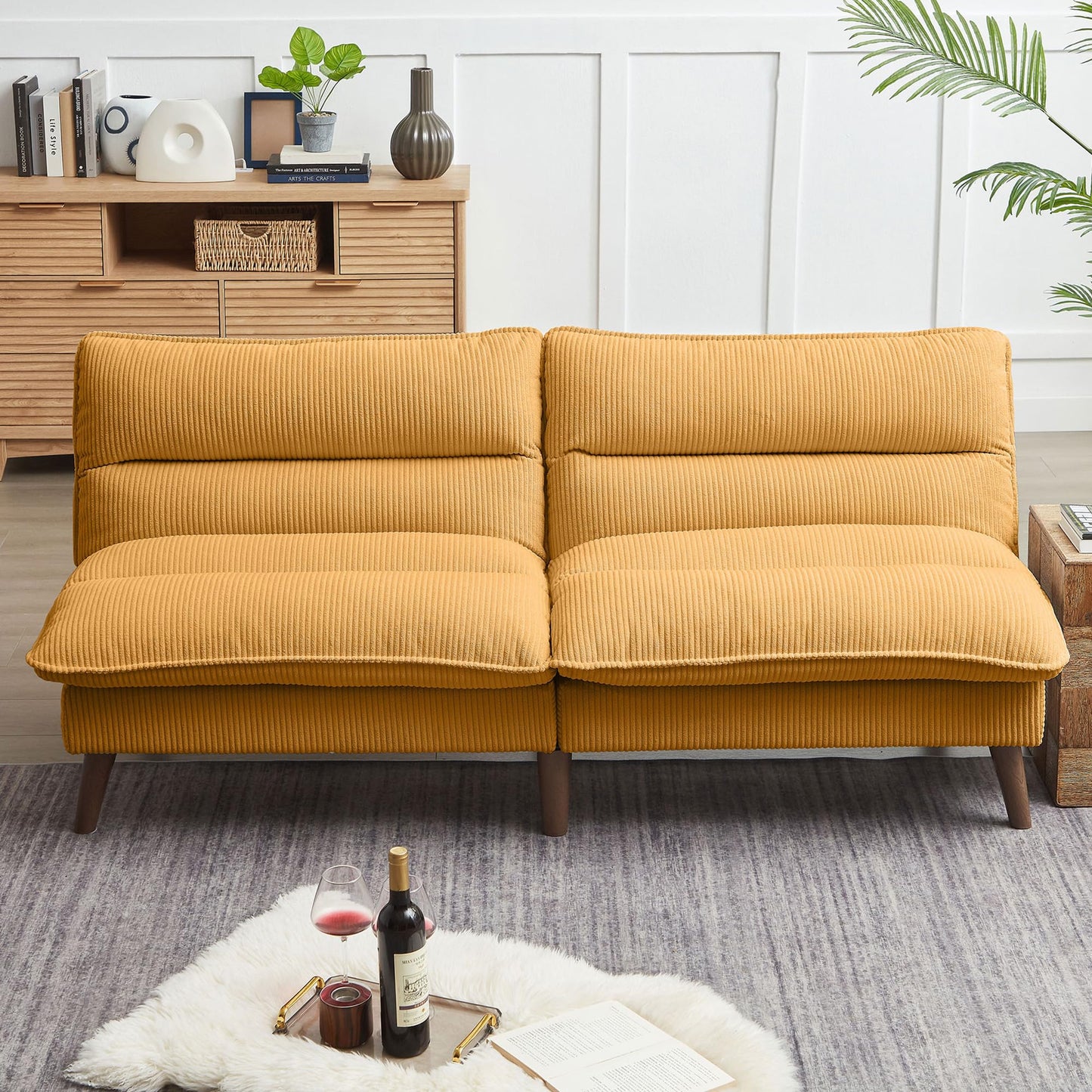 Chireca 72" Futon Sofa Bed, Convertible Futon Couch with Adjustable Backrest, Modern Corduroy Loveseat Sleeper Sofa for Small Spaces, Living Room, Office, Yellow