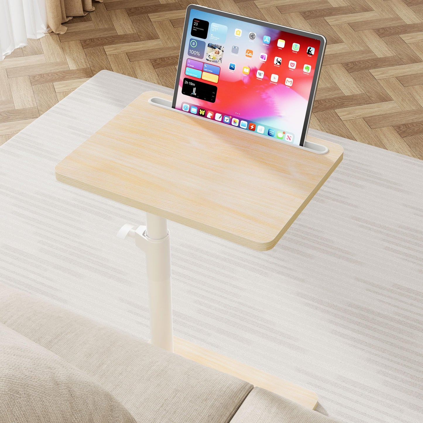 YUHFERA Sofa Armrest Tray Table for Couch - 360° Swivel Height Adjustable End for Small Spaces, Snack Side Table for Bed or Chair with Phone & Tablet Slot (Oak,Standard)