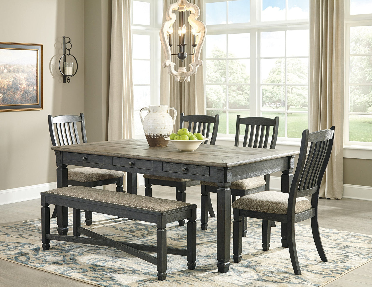 Signature Design by Ashley Tyler Creek Modern Farmhouse Upholstered Dining Room Bench, Antique Black Finish