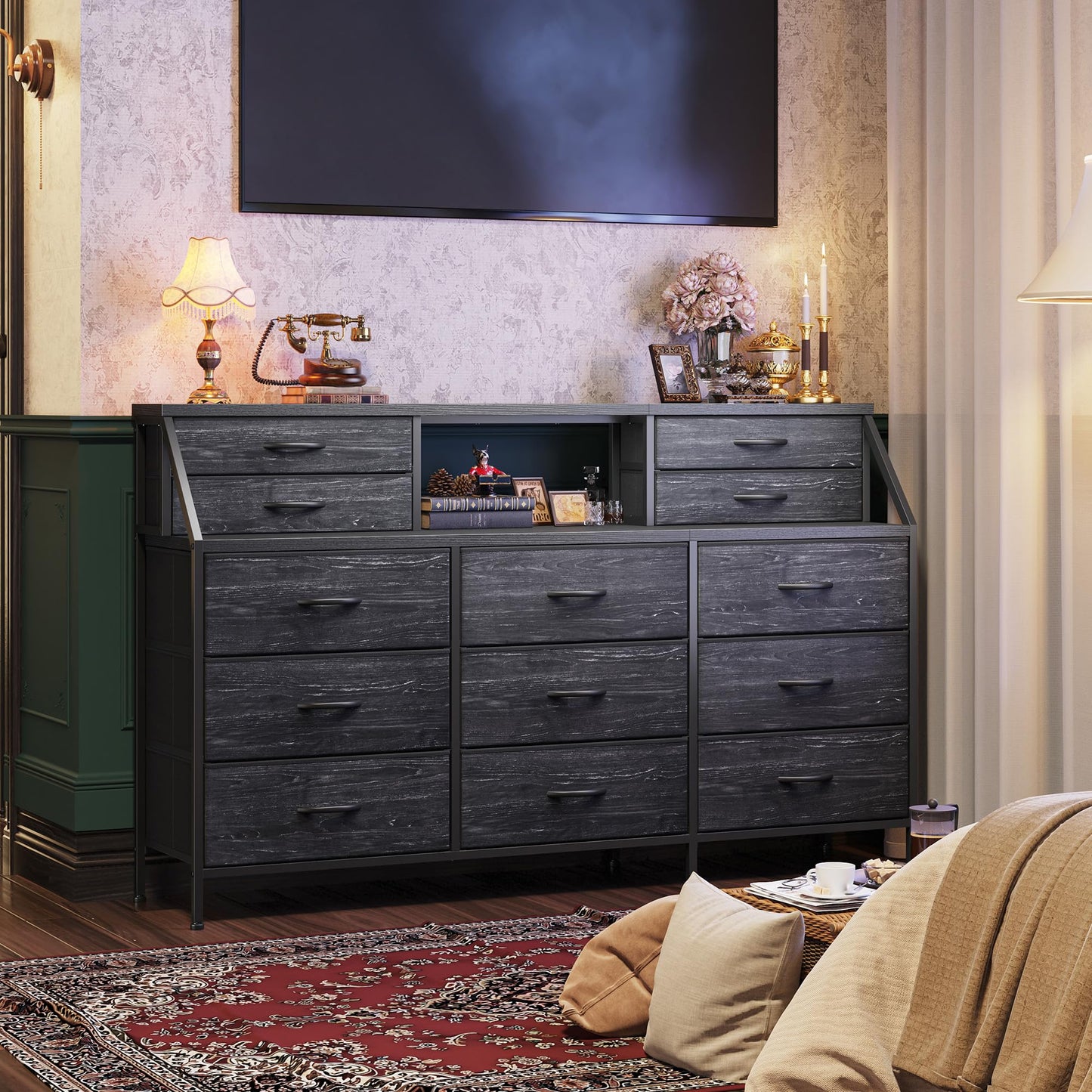 Romorgniz 55" W Black Dresser for Bedroom, Dressers & Chests of Drawers with 13 Fabric Drawers and 2 Extra Open Shelves, Long Vanity Dressers for Bedroom & Closet, Metal Frame & Wooden Top