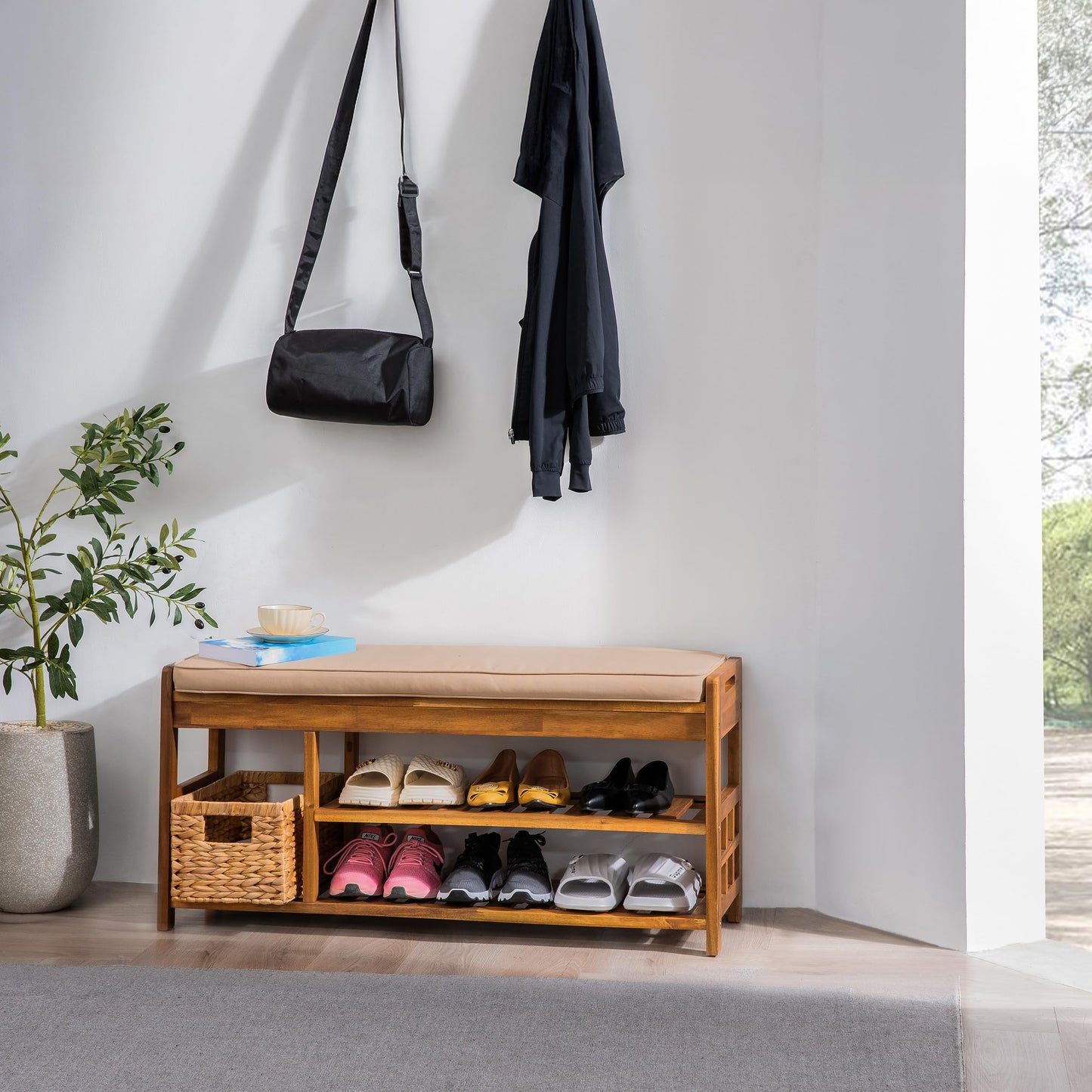 VICTORY RELAX Wooden Shoe Storage with Bench Seat - Natural Acacia Wood Entryway Organizer with Cushioned Top & Easy-Move Handles - Multi-Level Shoe Shelf (39.4 x 11.6X 19.29)