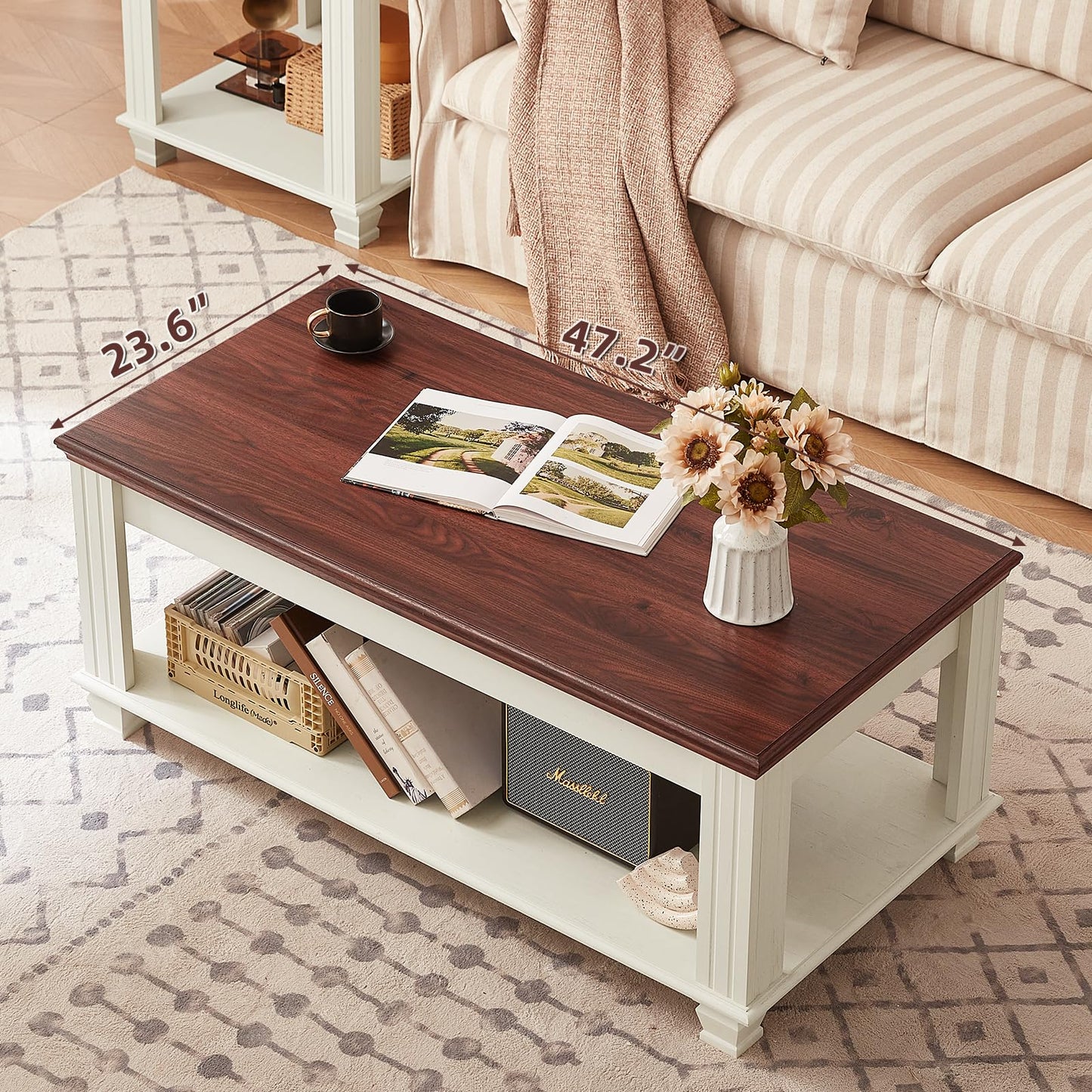 SAVOR LIFE Farmhouse Coffee Tables for Living Room,Square Tea Table with Open Storage Shelf,Large Coffee Table,Rustic Wooden Center Table,White