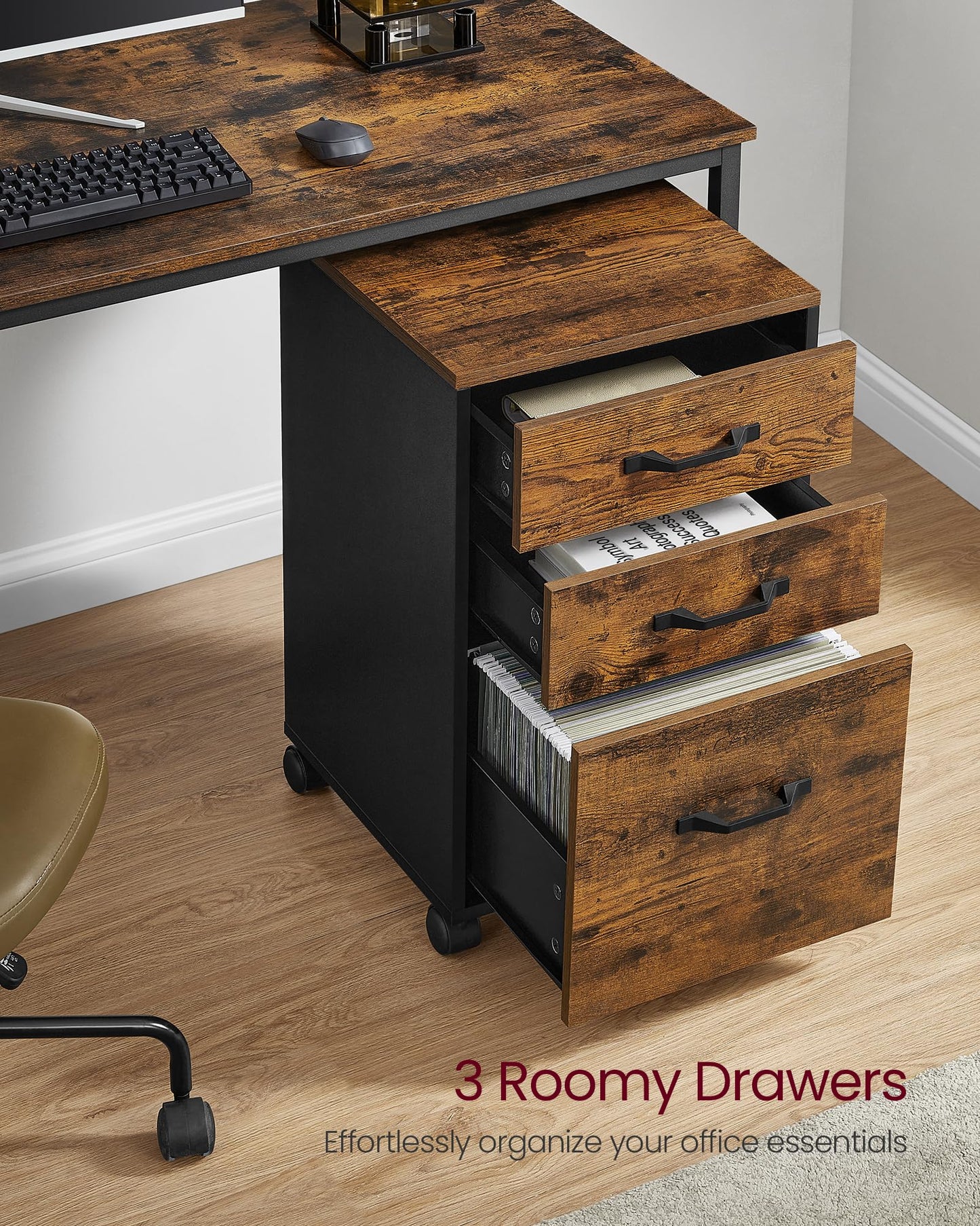 VASAGLE File Cabinet, 3 Drawers Filing Cabinet for Home Office, with Wheels, for A4, Letter Sized Documents, Hanging File Folders, Rustic Brown and Ink Black UOFC065B01