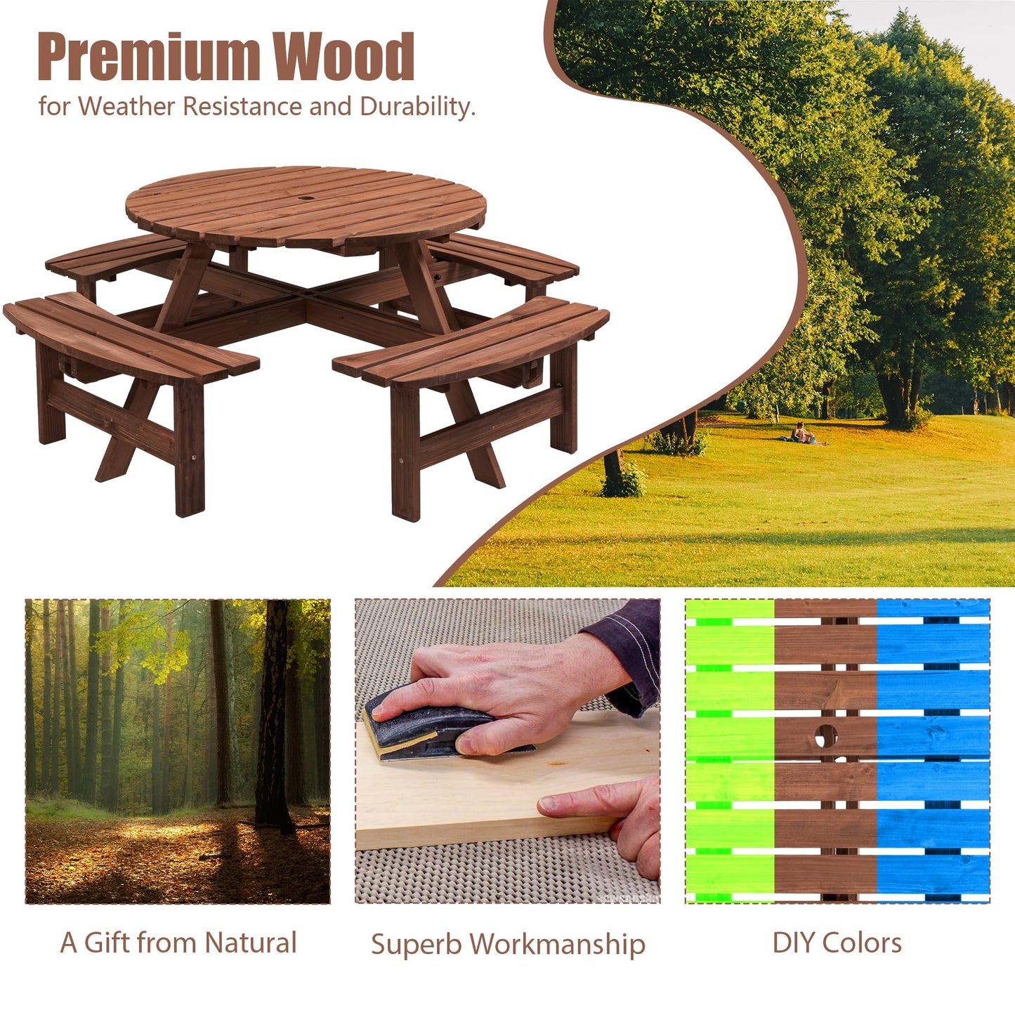 DOPERFE 8-Person Outdoor Round Wooden Picnic Table with 4 Built-in Benches, Outdoor Dining Set with Umbrella Holes, 2220 lb. Weight Capacity for Garden, Lawn, Patio (Brown, 70.07"*70.07"*27.55")