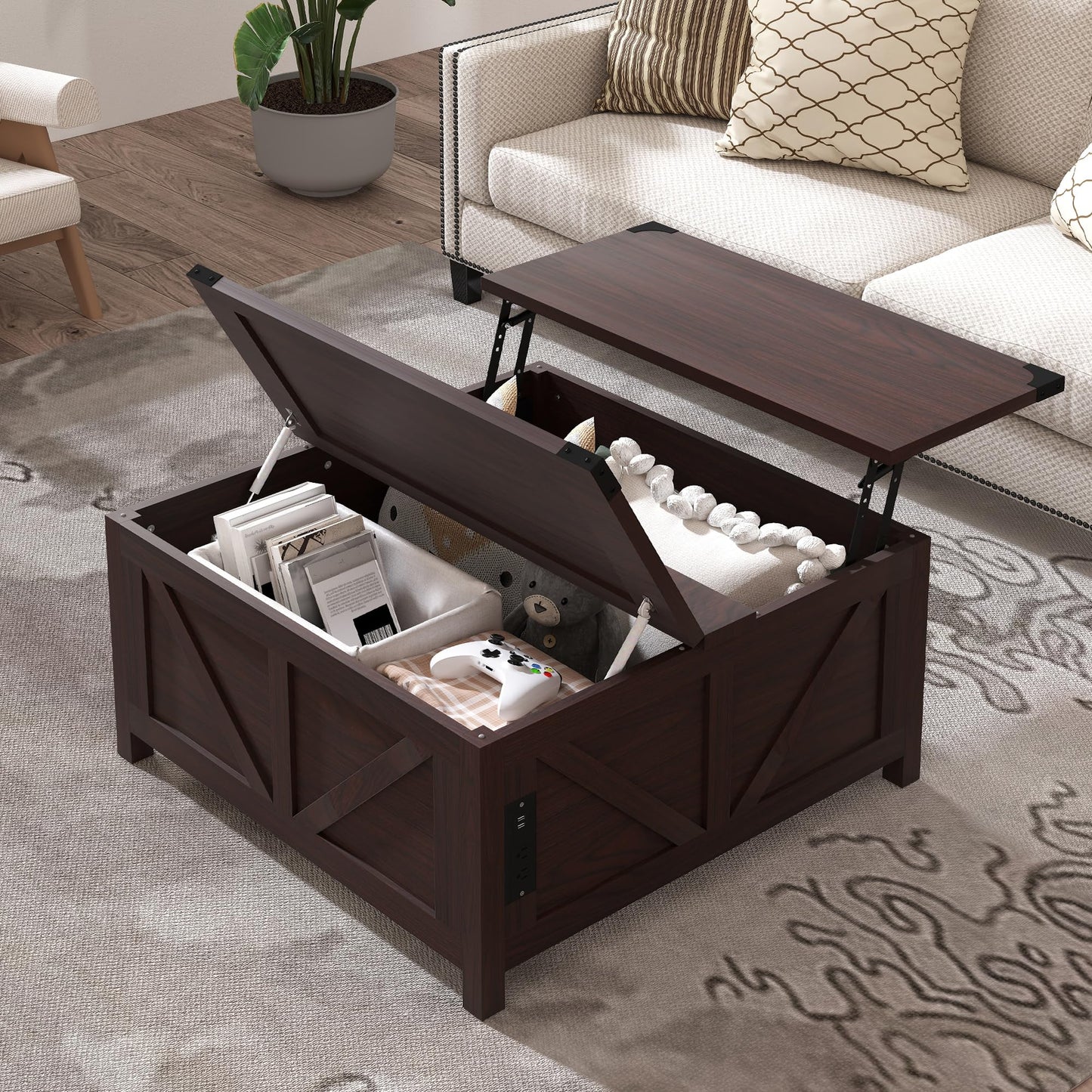 Otterease Farmhouse Coffee Table, 35'' Lift Top Coffee Table with Storage and Large Hidden Storage, Square Coffee Tables with Charging Station, Brown Coffee Tables for Living Room, Home, Office