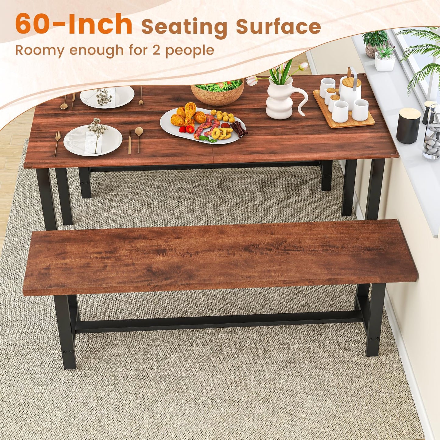 Giantex 60” Rectangular Wood Dining Bench, 3 Person Entryway Shoe Bench with Metal Frame, Farmhouse Indoor Benchs for End of Bed, Hallway, Living Room & Dining Room (60”L)