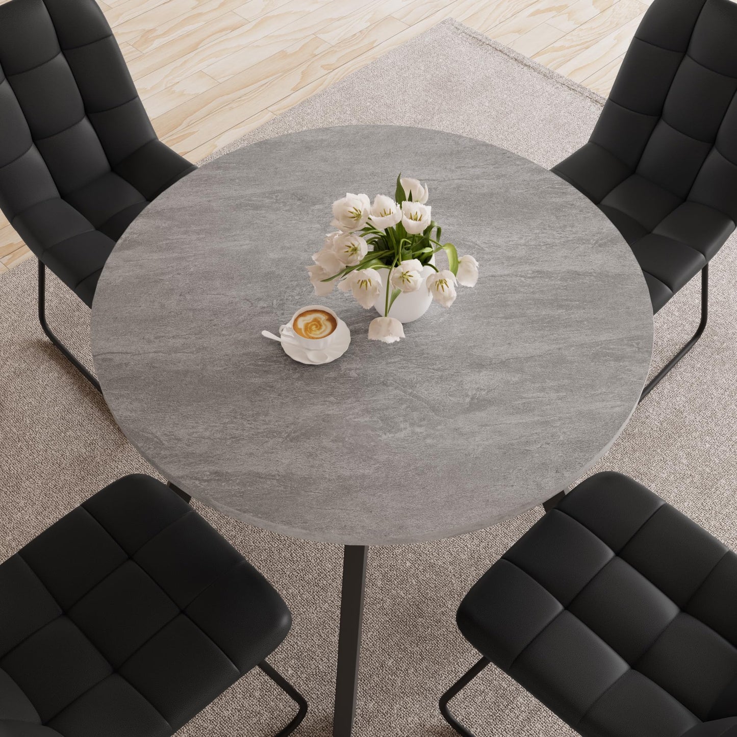 Zerifevni 34.6'' Dining Table and Chairs for 4, Mid Century Modern Round Table Set, Space Saving for Apartment Kitchen Dining Room (Grey Table+4 U-Shaped Black Chairs)