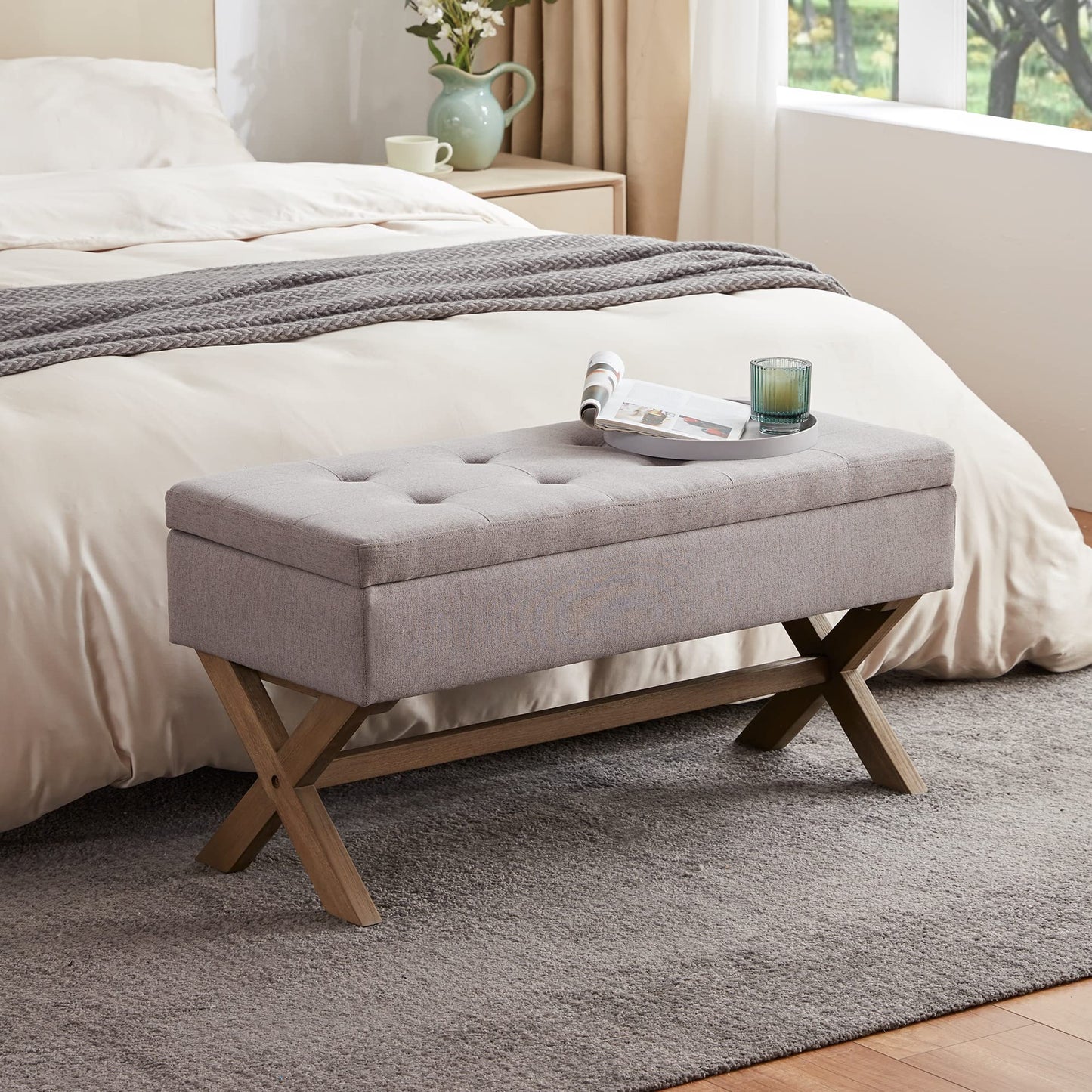 HUIMO 36-inch Entryway Bench with Storage,Dinning Benches Seat with X-Shaped Legs for Kitchen,Upholstered End of Bed Bench for Living Room, Bedroom.Storage Ottoman with Safety Hinge,Grey