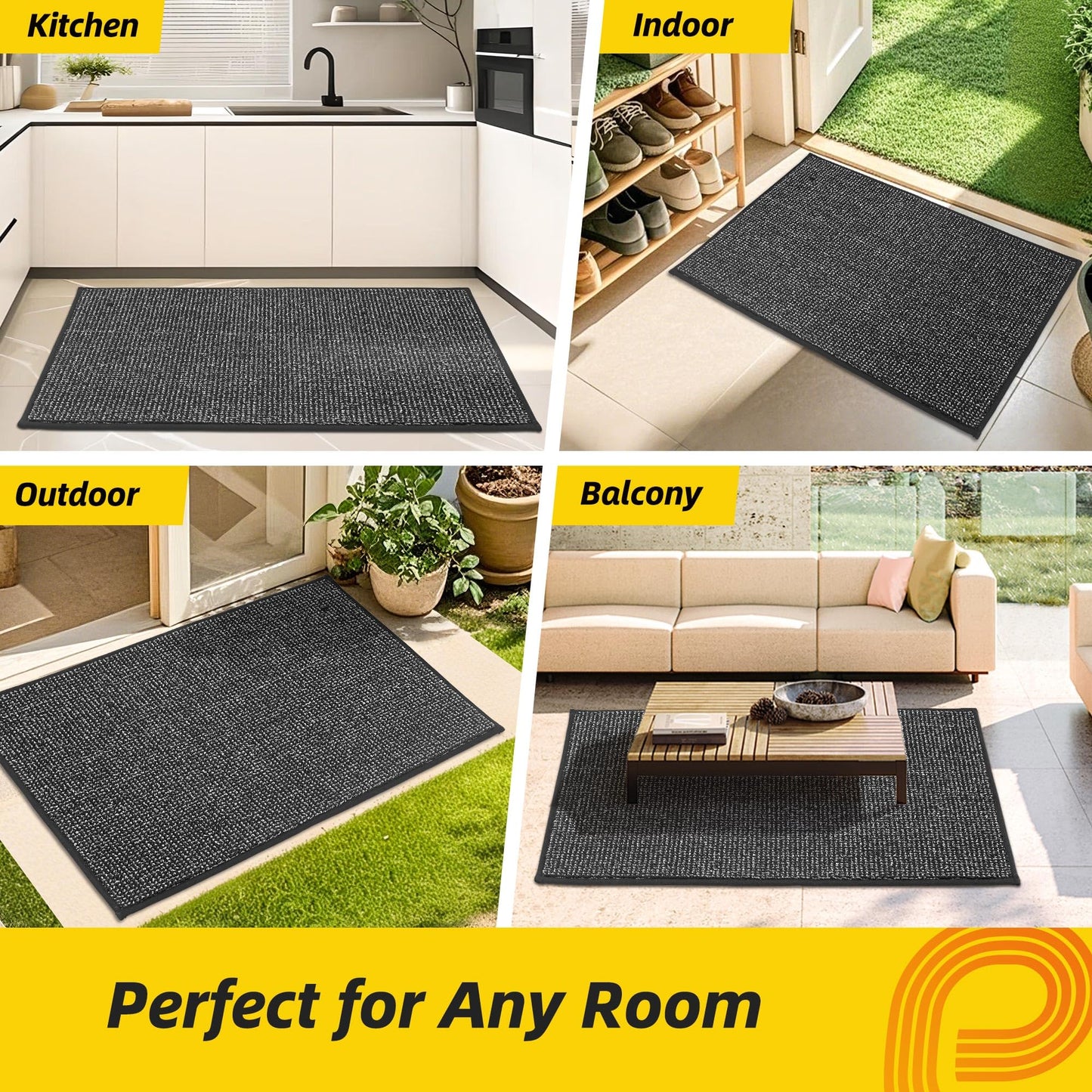 JSEI Dirt Trapper Door Mat 24"x36" Non-Slip Washable Entrance Mat, Dog Doormats, Absorbent & Fade-Resistant Floor Mats, Low Profile Welcome Mats for Entryway, Front Door, and Inside Entrance,Dark Grey