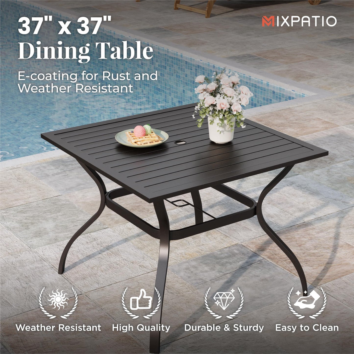 MIXPATIO 5 Pieces Patio Table and Chairs Set for 4, Outdoor Dining Furniture Set, with Blue Textilene Chairs and 37" Square Metal Umbrella Hole Table, for Deck Backyard Lawn