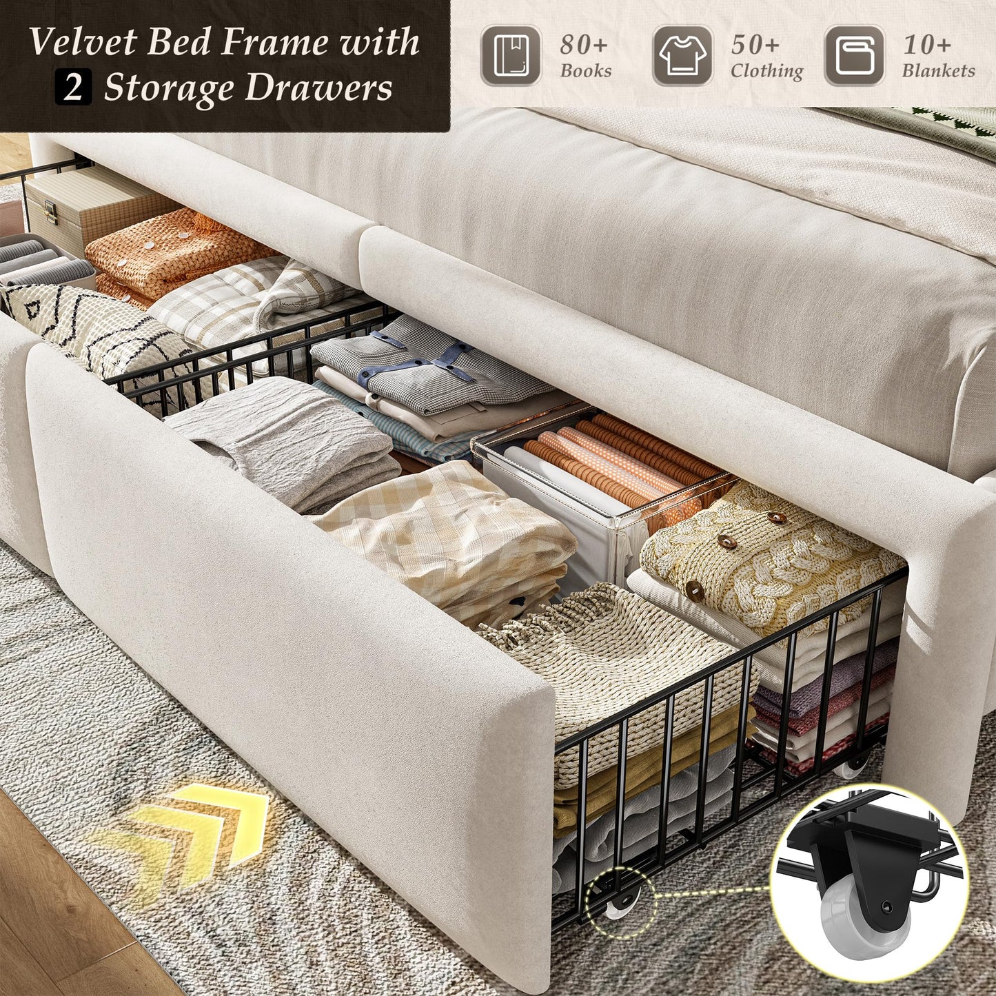 Homkdom Luxury Queen Bed Frame with 2 Storage Drawers and Upholstered Oversized Headboard, Modern Velvet Bed Frame with LED Lights and Charging Station, No Box Spring, Beige