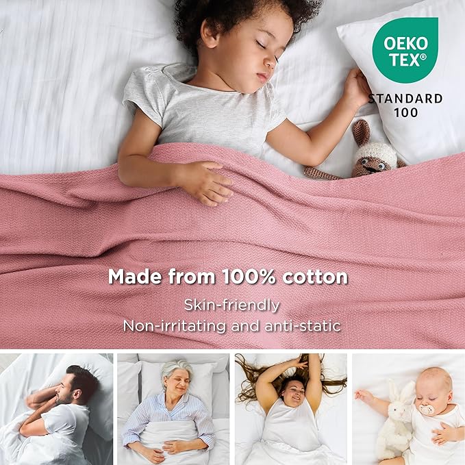 Bedsure 100% Cotton Large Throw Blanket for Couch 50x70 inches - Breathable and Lightweight, Soft Cozy Herringbone Woven Blanket for Summer Spring, Pink