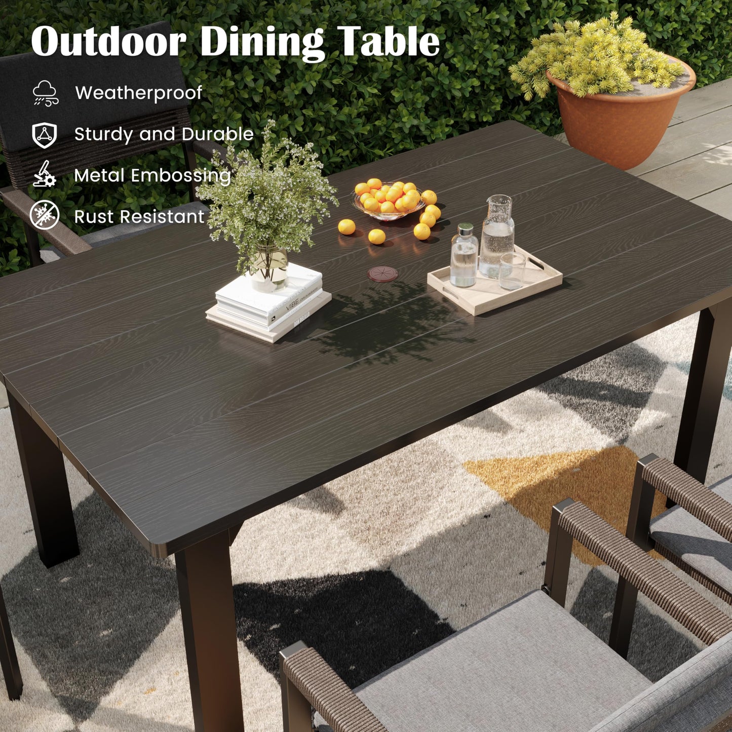 Sundale Outdoor Metal Dining Set for 6, 6-Piece Patio Dining Table and Stackable Rattan Chairs Set with Headrests and Cushions for Backyard, Garden, Deck, Dark Gray