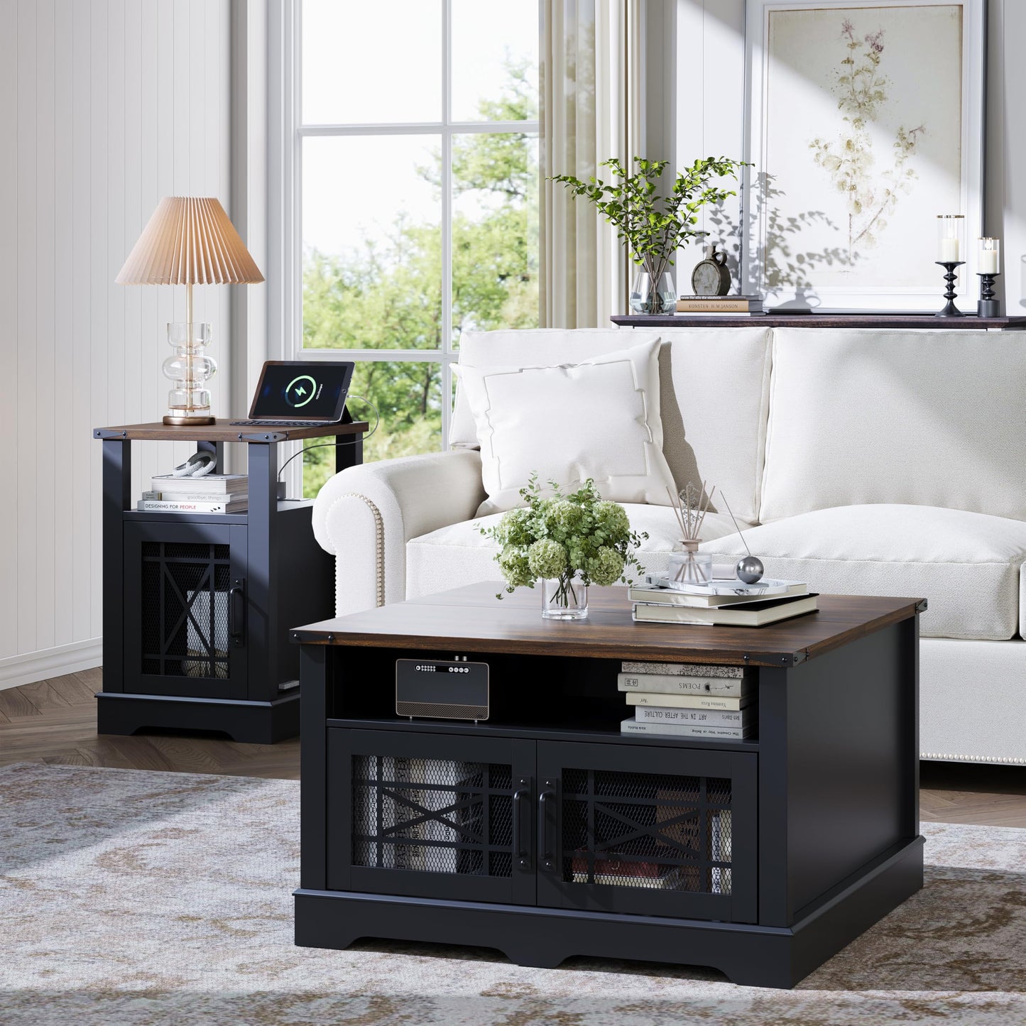 Night Stand with Charging Station Farmhouse End Table for Living Room, Black Nightstand for Bedroom Furniture, Storage Cabinet with Open Shelf, Wood Bed Side Tables for Living Room Couch or Sofa