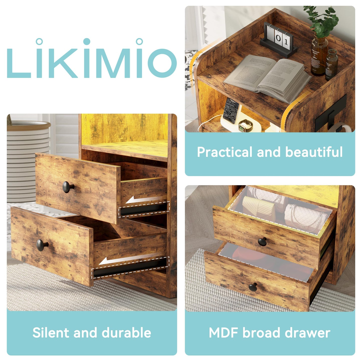 LIKIMIO Nightstand with LED, Charging Station & USB Ports, Night Table with 2 Drawers and Open Shelf, Adjustable Light, Vintage Brown