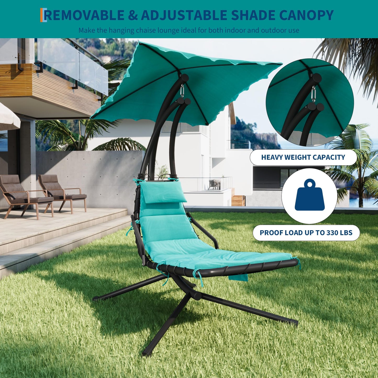 LuyFuitre Hanging Chaise Lounge Swing Chair, Hanging Curved Chaise Lounge Chair Umbrella, Curved Steel Hammock Lounger Chairs for Outdoor Indoor Patio Pool Garden Backyard Porch
