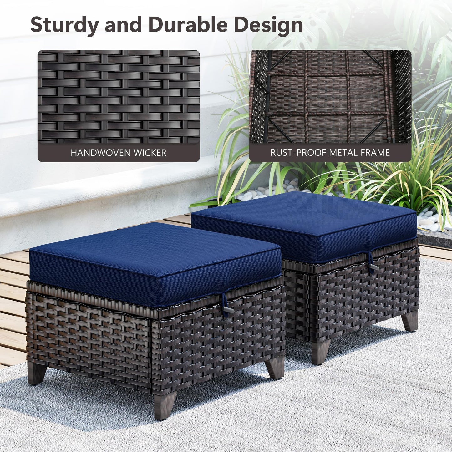 MaxMulti Patio Ottomans Set of 2, Outdoor Wicker Footrest with Thickened Cushions, Outdoor Rattan Ottoman for Porch, Backyard and Deck (Blue)