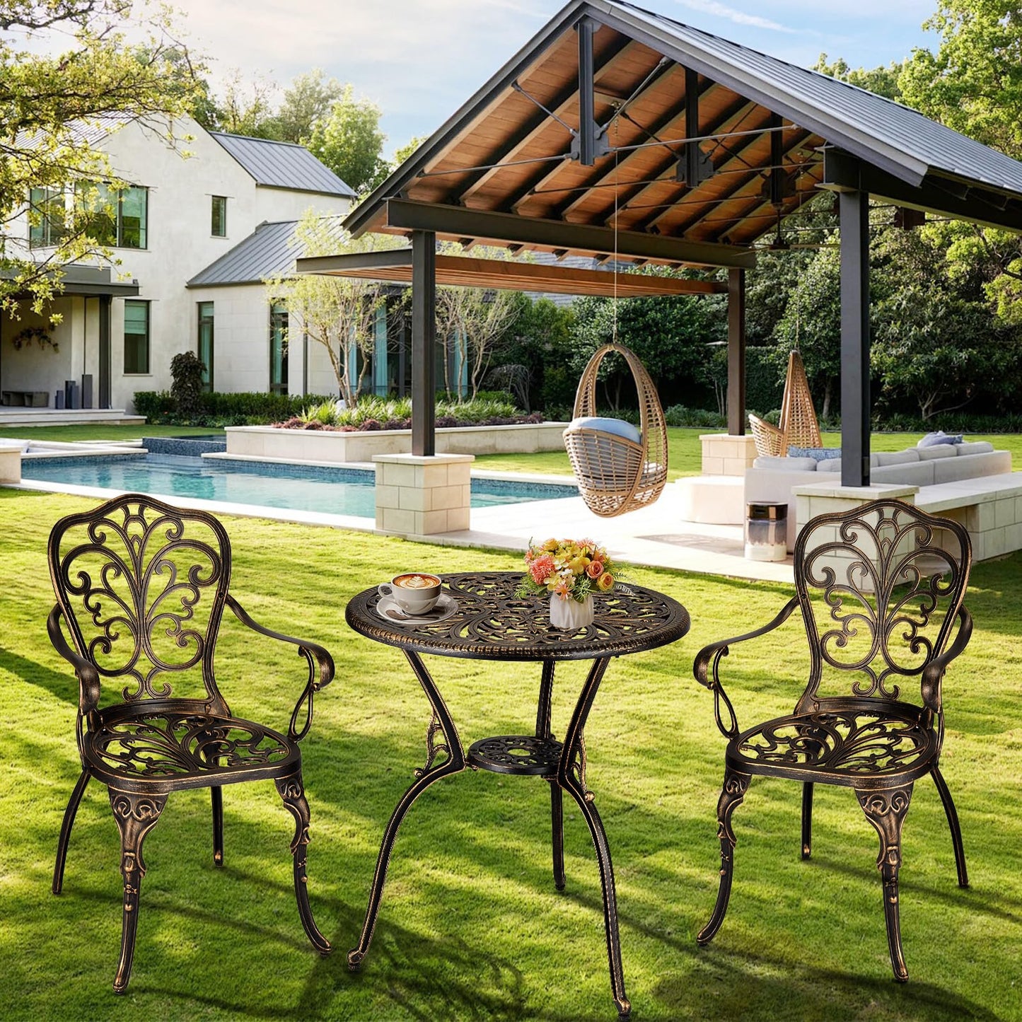 ELETHEBIA 3 Piece Bistro Set, Outdoor Bistro Table and Chairs Set of 2, Rust-Resistant Cast Aluminum All Weather Patio Outdoor Bistro Set with Umbrella Hole for Backyard, Balcony, Front Porch, Brown