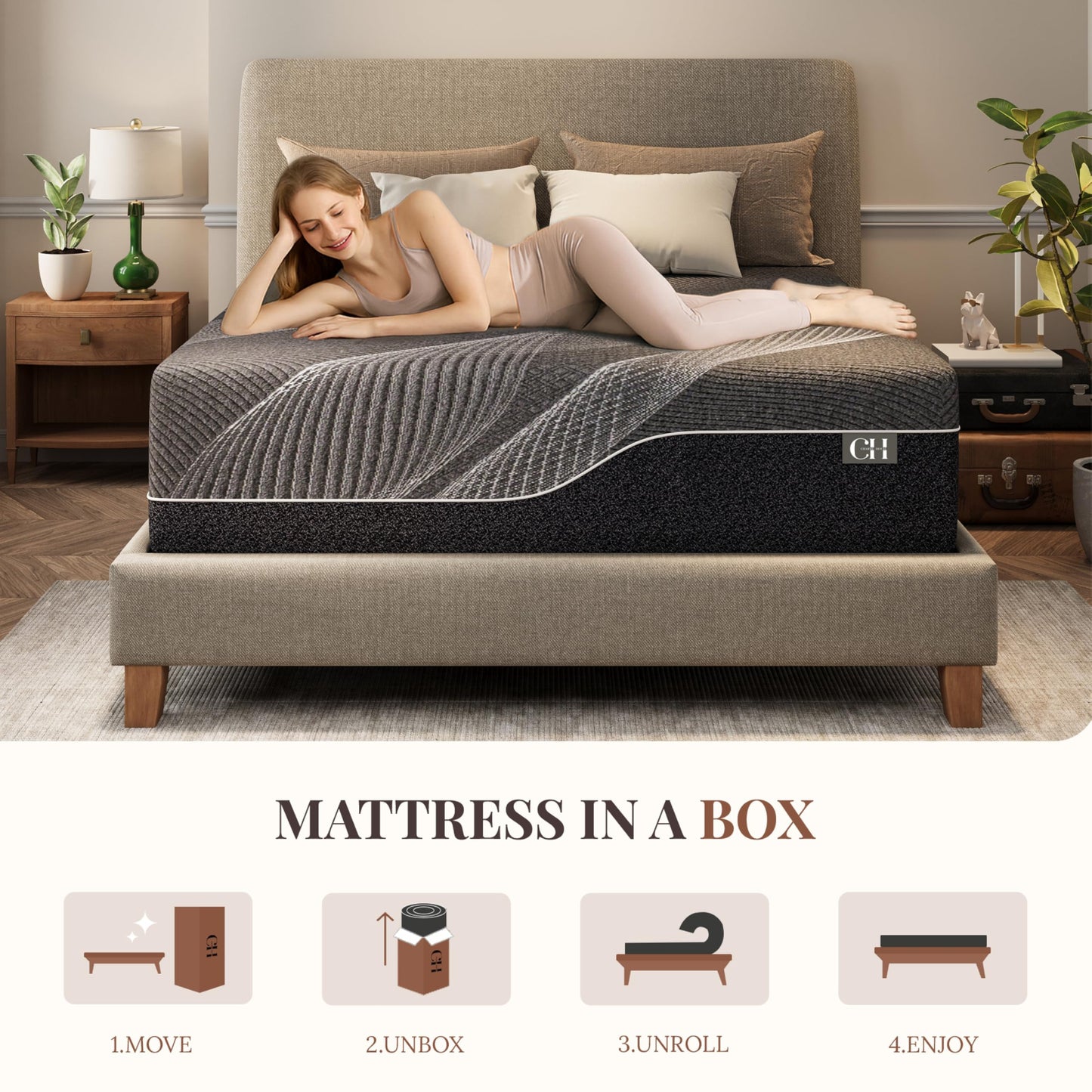 CH CHARME HOUSE 14 Inch King Mattress, Bamboo-Charcoal Memory Foam Mattress, Cooling & Pressure Relief, Bed in a Box, Foam Made in USA & CertiPUR-US Certified, 76"x80"x14", Black