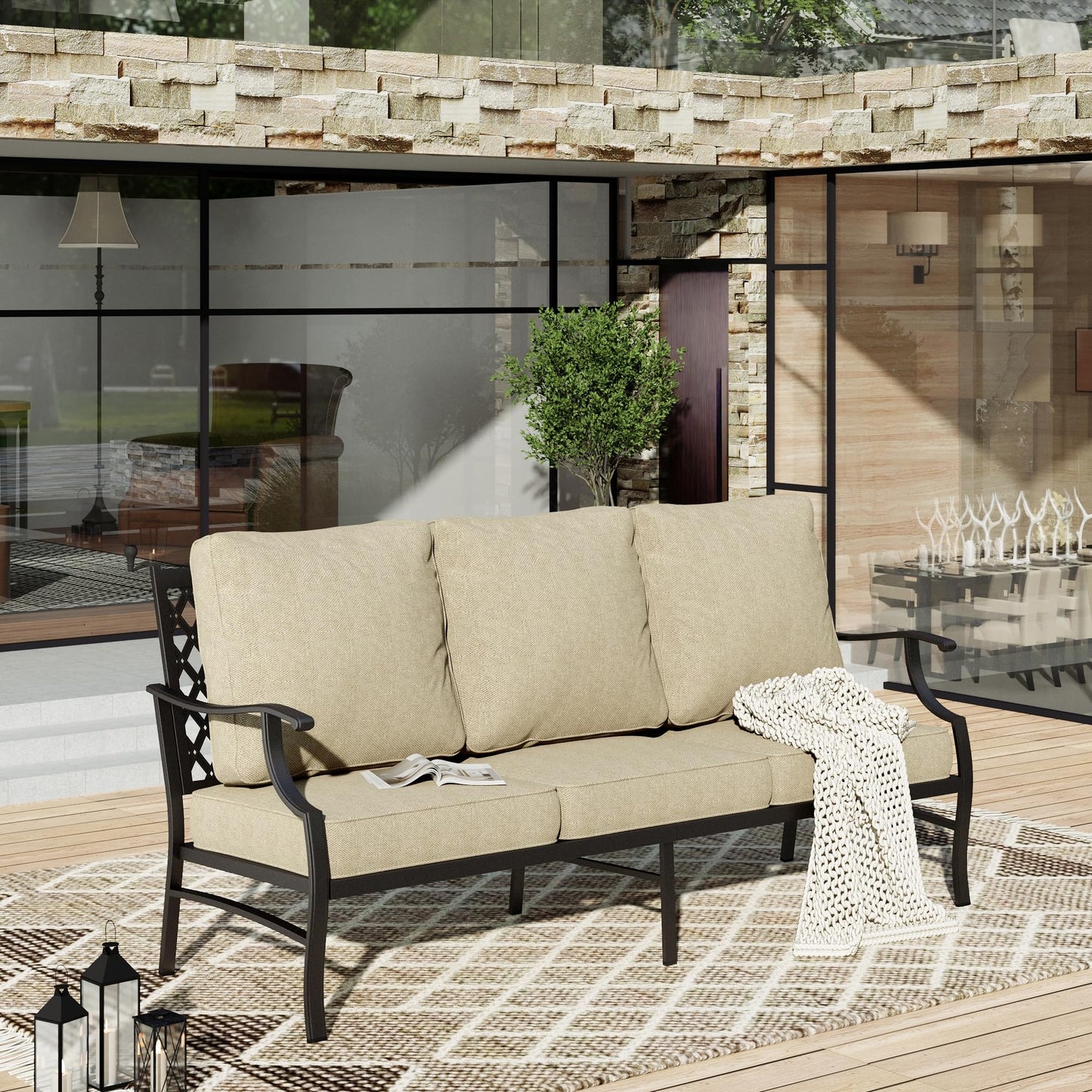 HERA'S HOUSE Patio Furniture Sofa, All-Weather Outdoor 3 Seats Couch, Outdoor Patio Couch with Deep Seating and Olefin Cushions for Lawn Garden Backyard Balcony