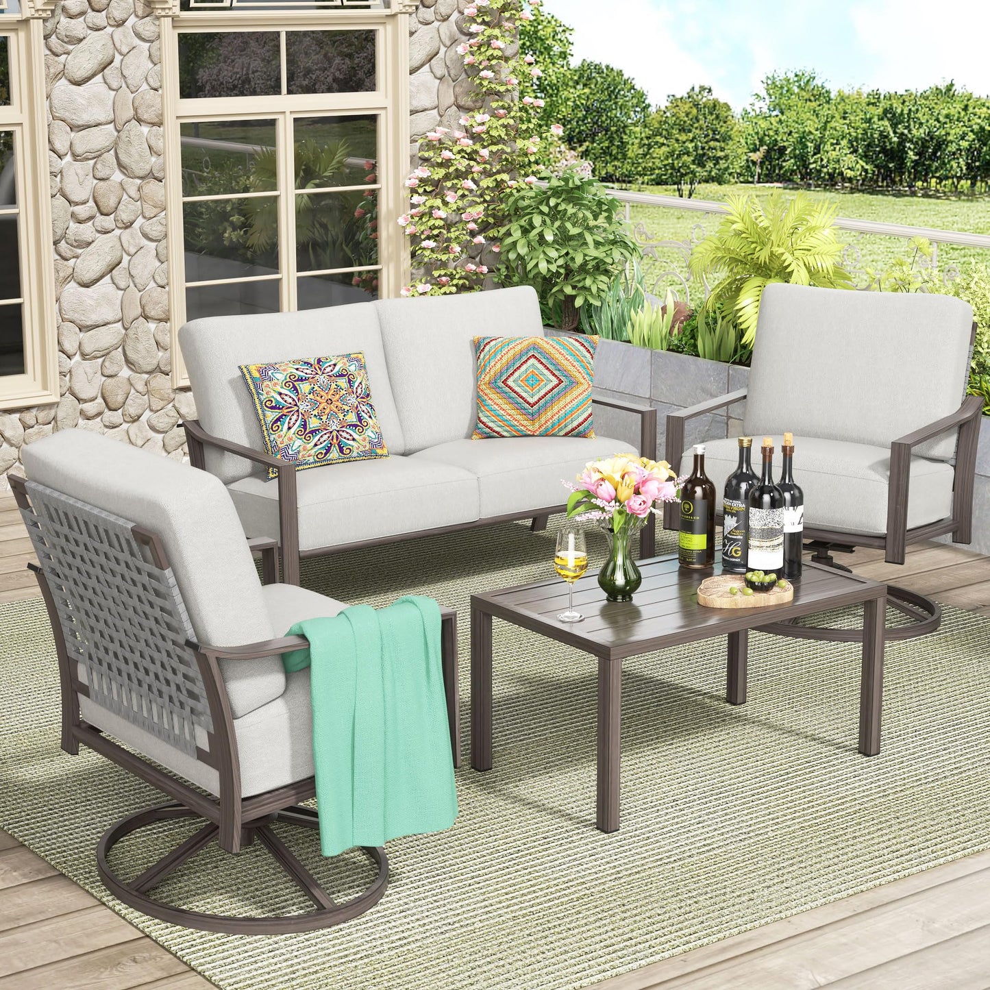 NATURAL EXPRESSIONS 4 Pieces Patio Furniture Sets, Modern Metal Outdoor Conversation Sets with High Back All Weather Hand-Woven Rope Rocking Swivel Chairs, Loveseat, Metal Table, 5.5" Thick Cushions