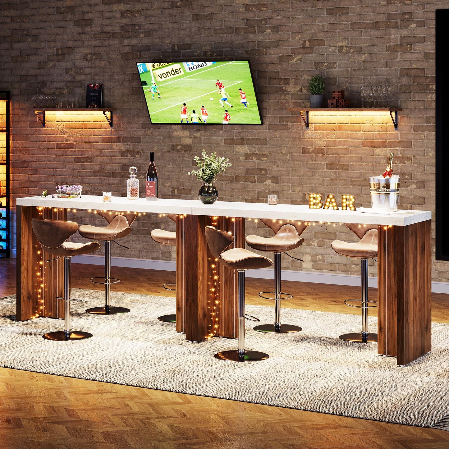 Tribesigns Home Bar Unit, 55.12-Inch Bar Table with a Faux Marble Finished Tabletop, Modern Freestanding Mini Bar for Home Kitchen, Living Room, Balcony, Basement, Walnut & White