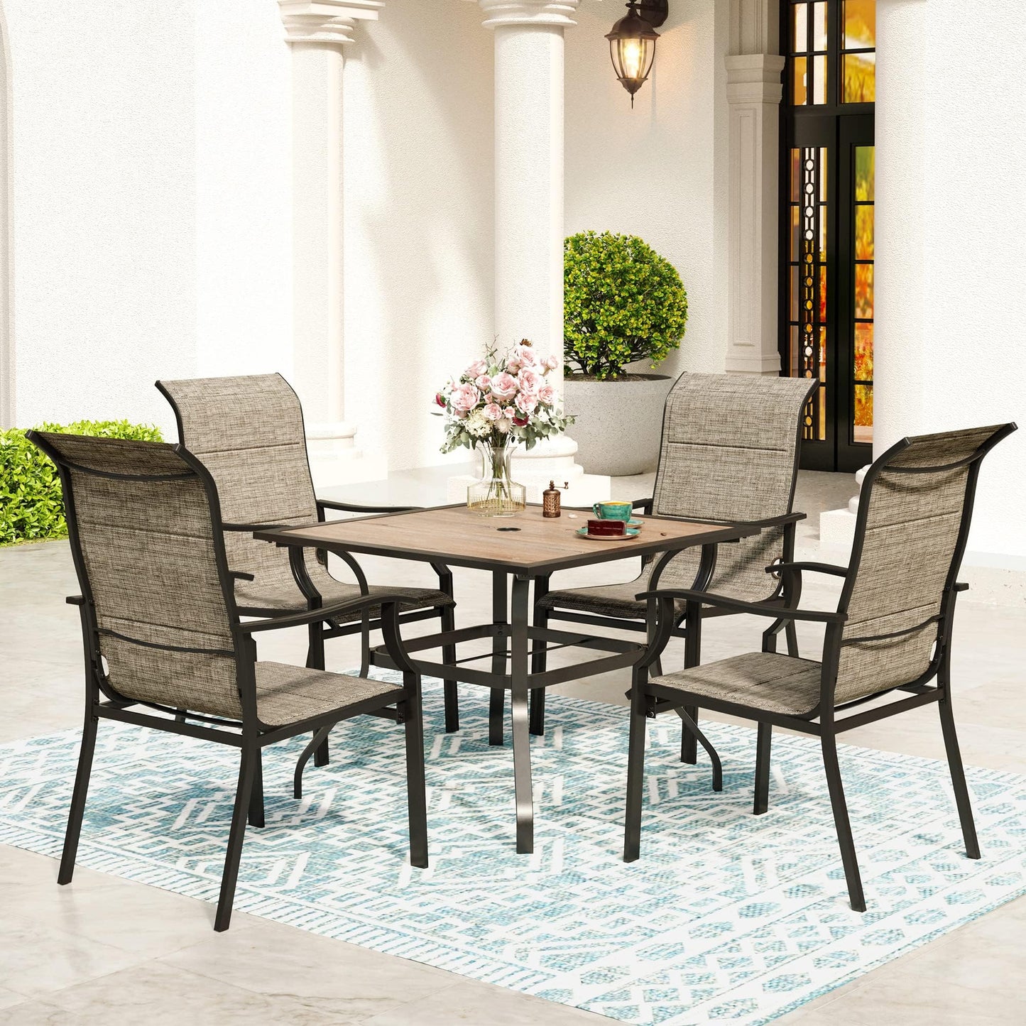 SUNSHINE VALLEY 5 Pieces Patio Dining Sets for 4 Person, Outdoor Table and Chairs Set with Wood-Like Patio Dining Table(1.57" Hole) & 4 Textilene Patio Dining Chairs, Outdoor Dining Sets for Deck