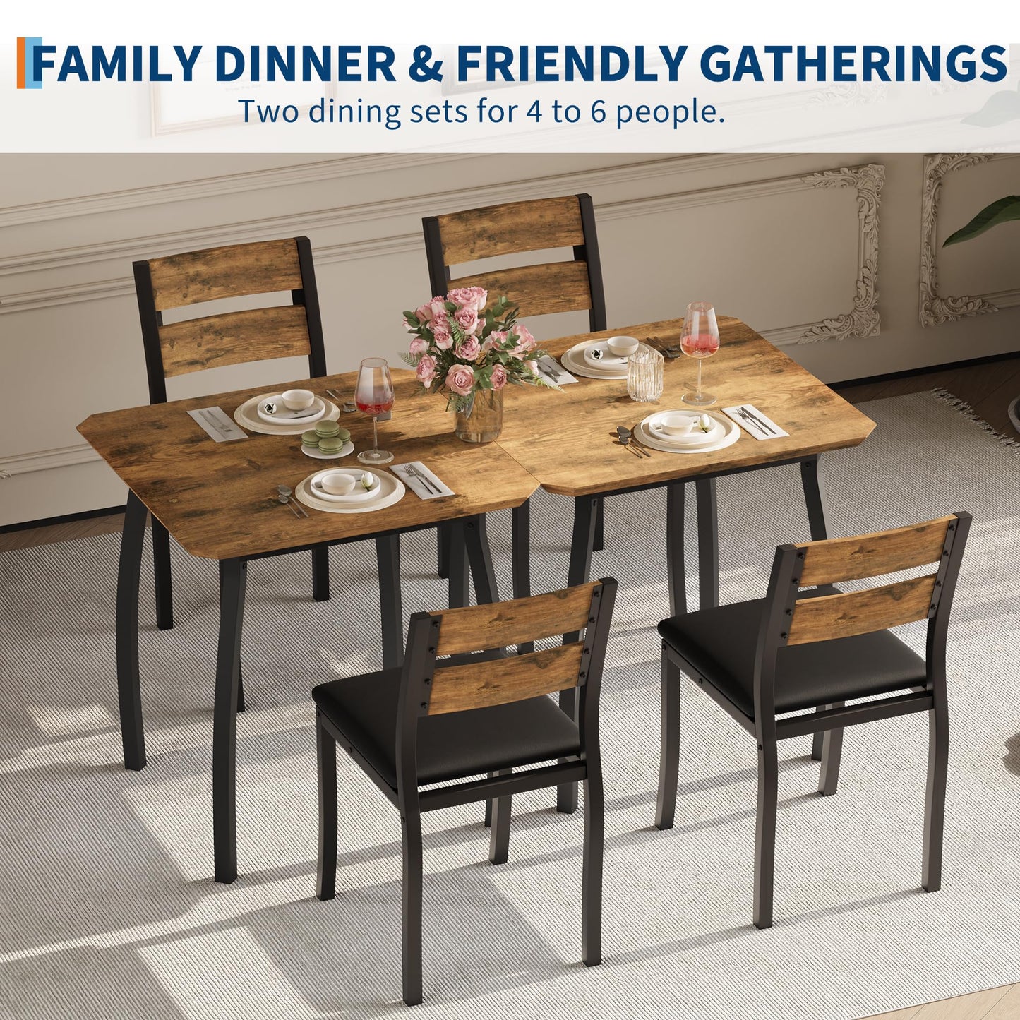 GarveeHome 3 Piece Dining Table Set for 2, Farmhouse Kitchen Table and Upholstered Chair, Metal Frame Square Dining Room Furniture for Small Space, Apartment, Studio, Black+Retro