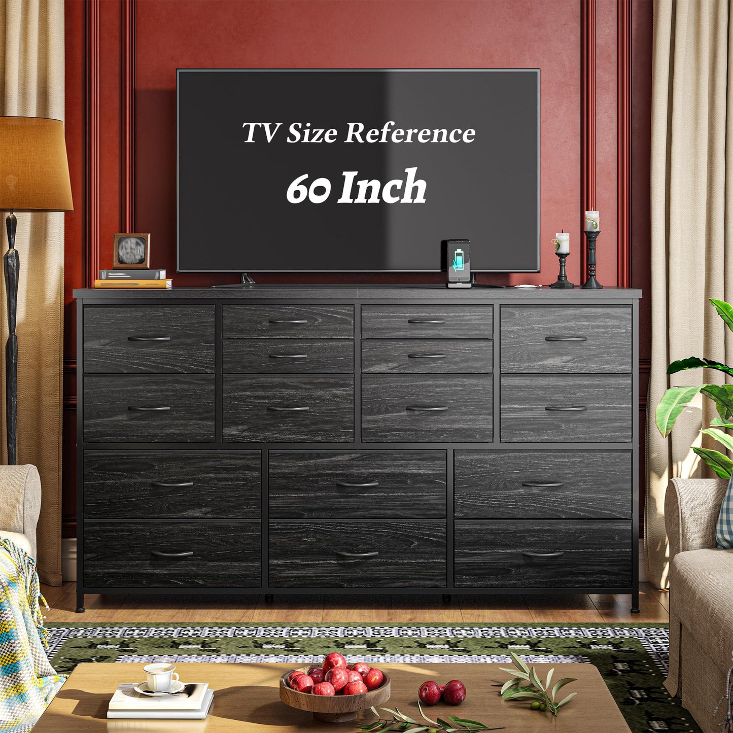 Romorgniz Dresser for Bedroom with 16 Fabric Drawers Long Dresser with Charging Station TV Stand for 60" TV Dressers & Chest of Drawers for Bedroom, Living Room, Closet, Black