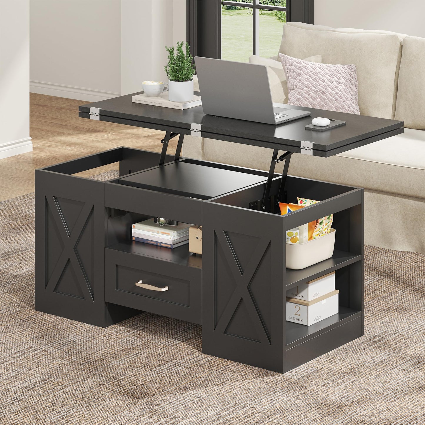 Nosepen Coffee Table, 39.37" Lift Top Coffee Table with Drawer & Open Storage Shelves, Large Rectangular Farmhouse Living Room Table, Center Table for Living Room, Home Office, Espresso, Black