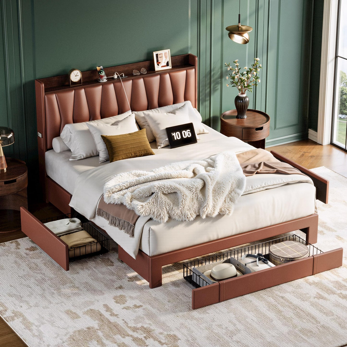 ANCTOR Queen Bed Frame with 3 Drawers, Storage Headbord with Charging Station, Platform Storage Bed Frame for Bedroom, Living Room, No Box Spring, Faux Leather, Brown